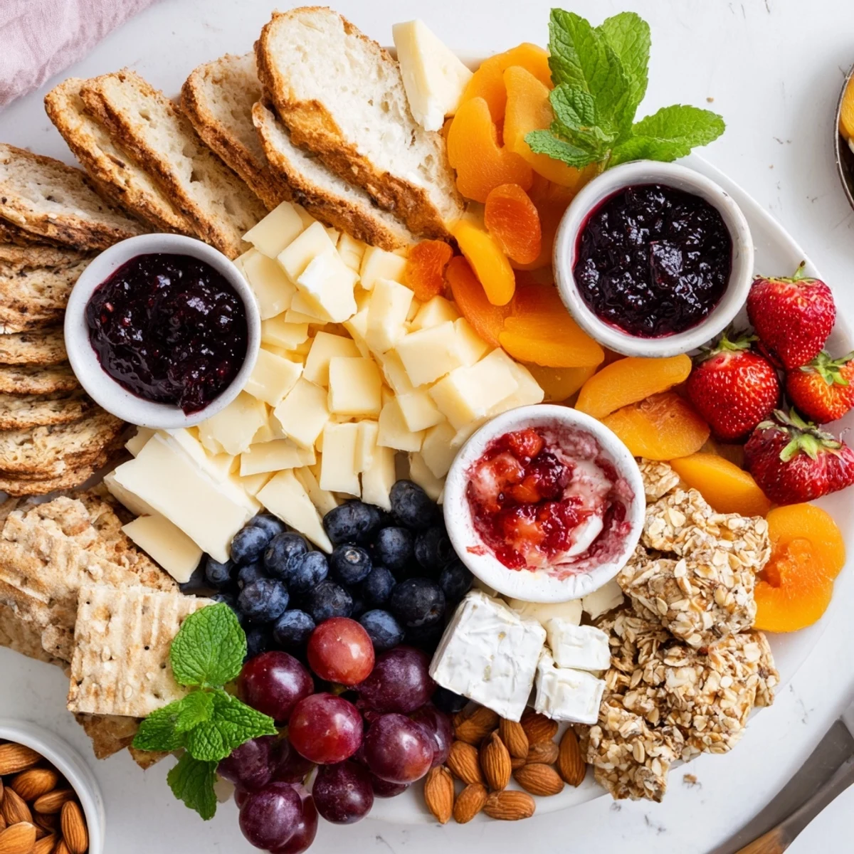 A colorful jam-infused brunch board with cheeses, fruits, and artisan breads.  