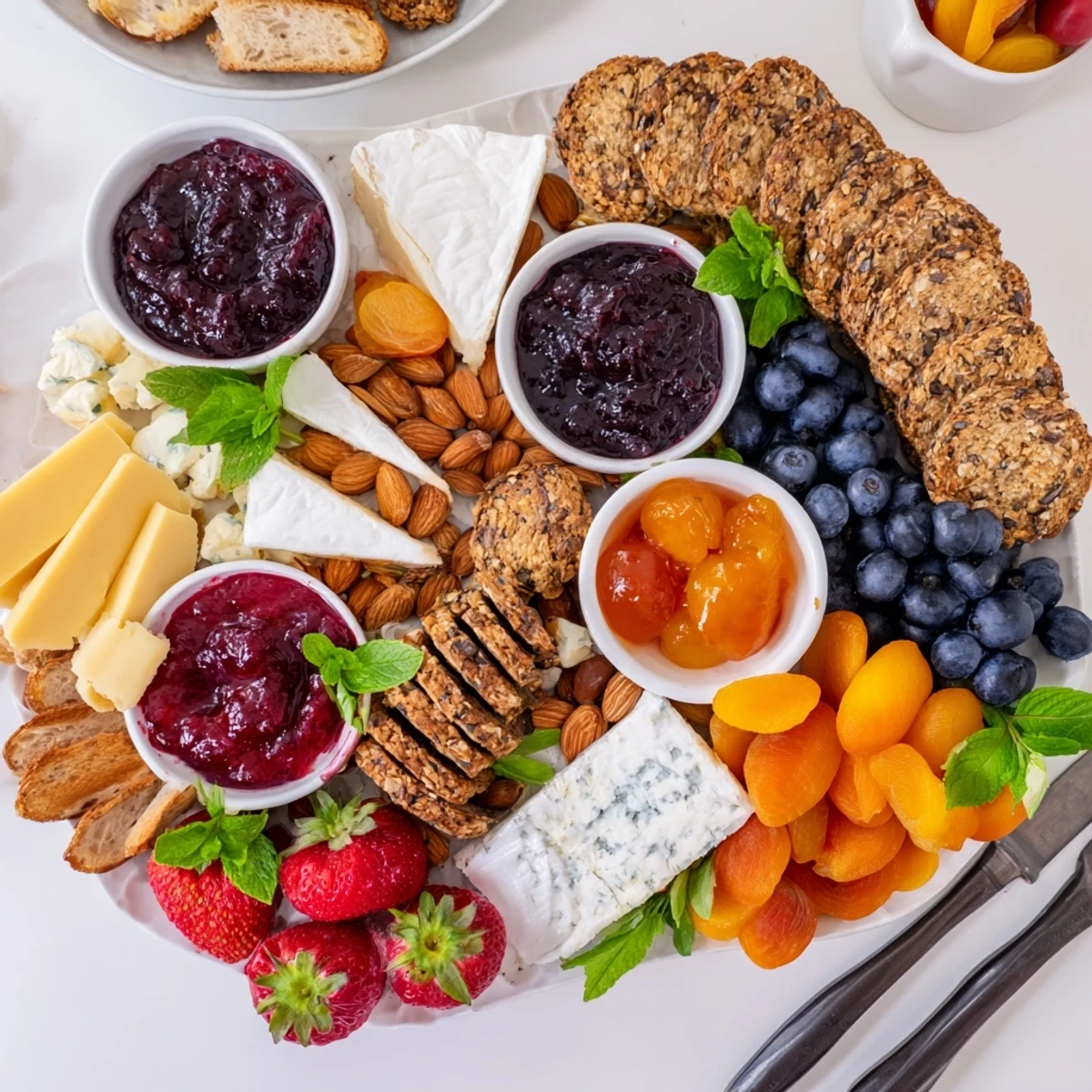 Vibrant jam-infused brunch board topped with fresh fruits and creamy cheeses.  