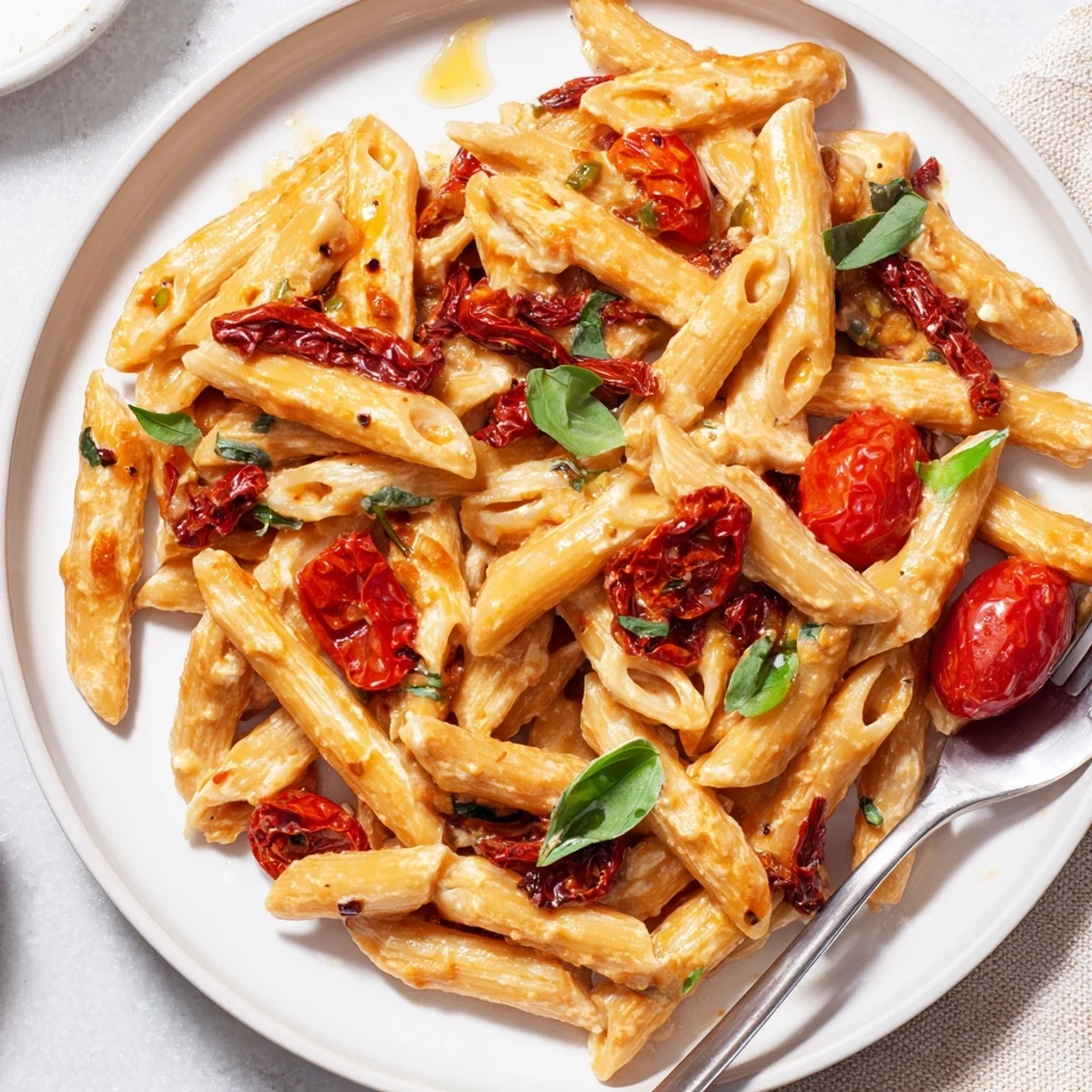Creamy baked feta pasta topped with caramelized onions and sun-dried tomatoes.  