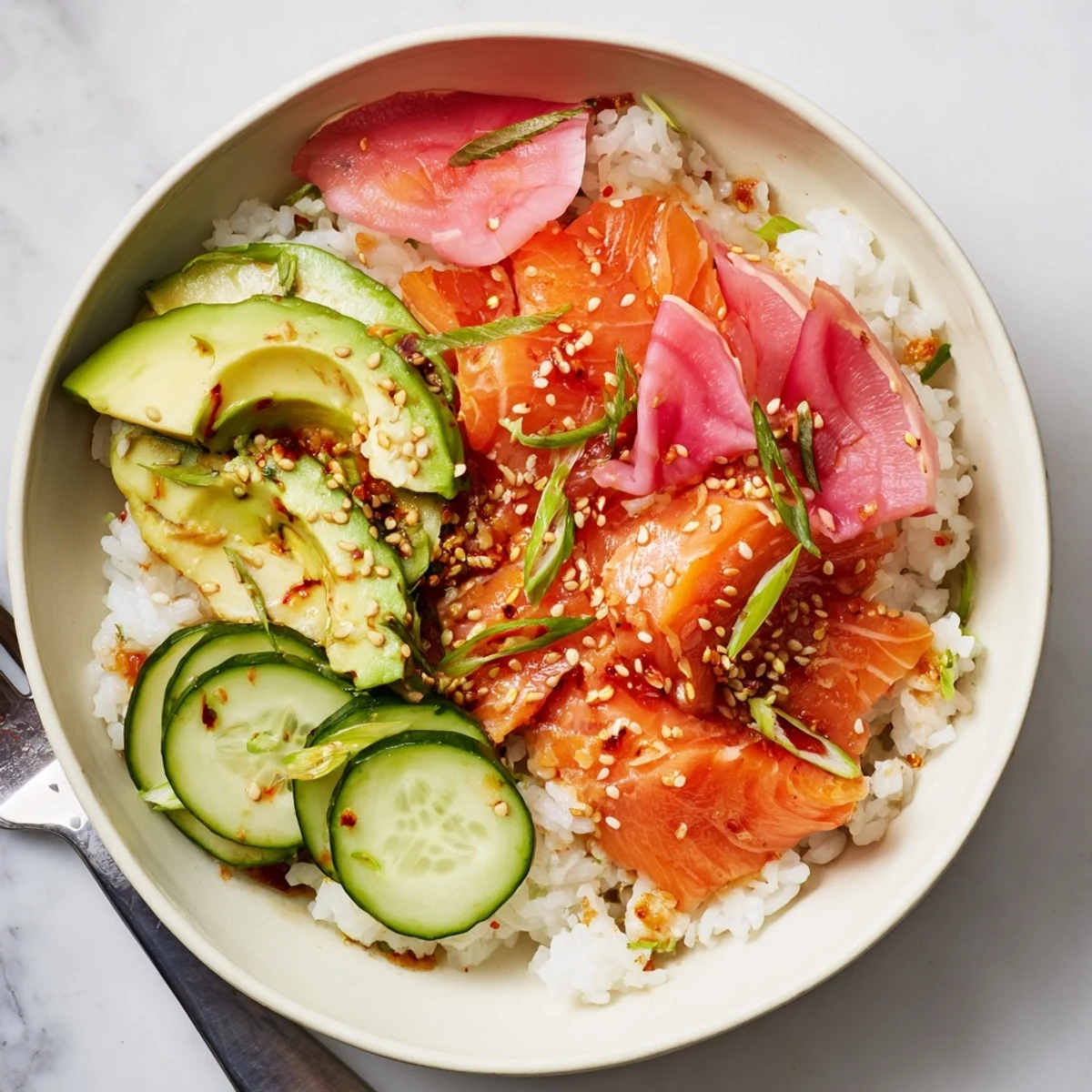 Warm, flavorful Leftover Salmon & Rice Bowl drizzled with soy sauce and sesame oil.  