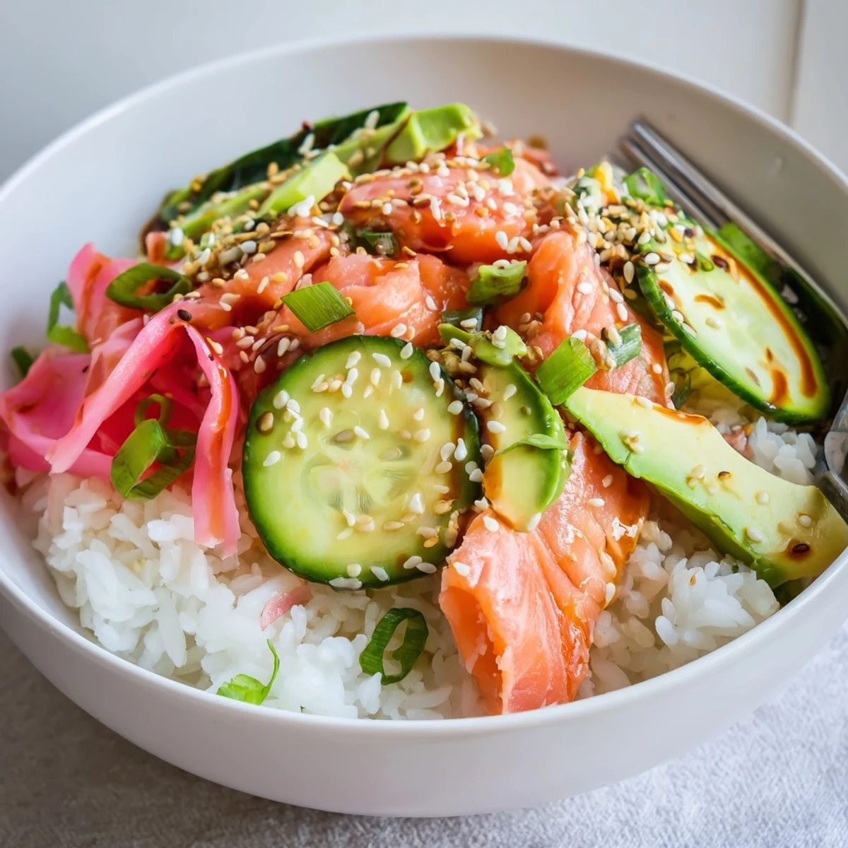 Quick and nutritious Leftover Salmon & Rice Bowl with vibrant pickled ginger toppings.