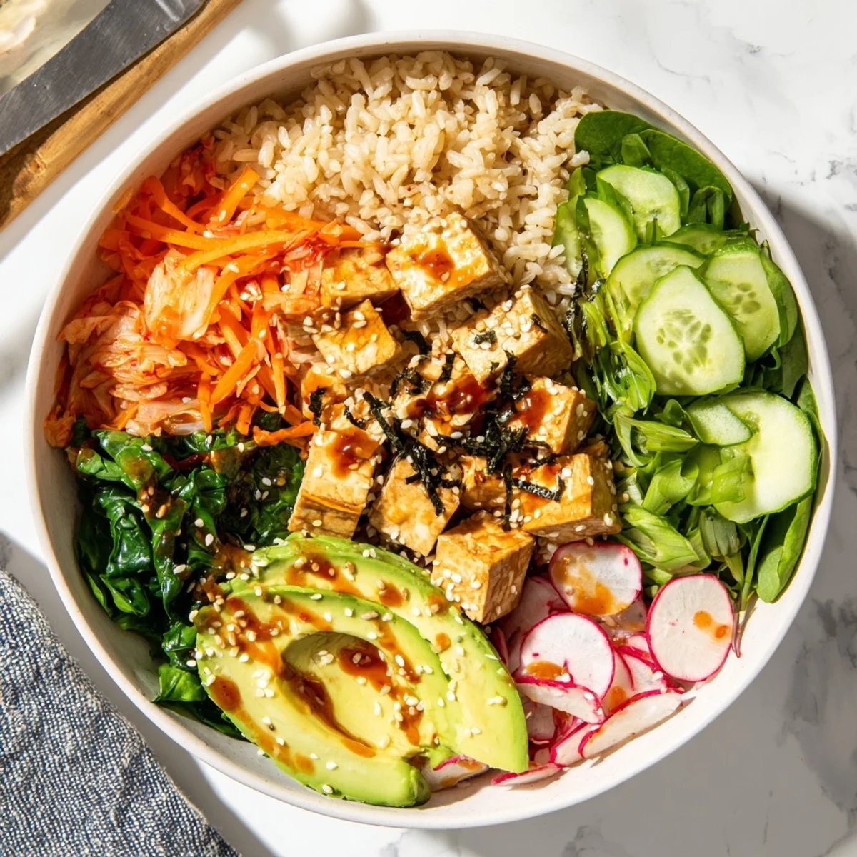 Vibrant fermented vegetable bowl filled with tangy kimchi and sliced avocado.  