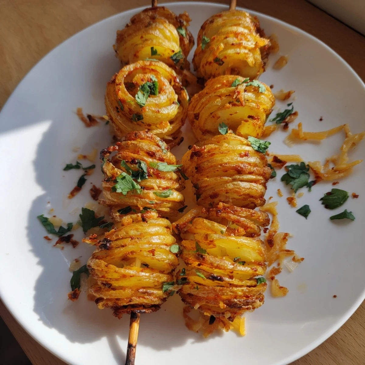 Golden spiral potatoes air-fried to perfection, topped with Parmesan and parsley.  