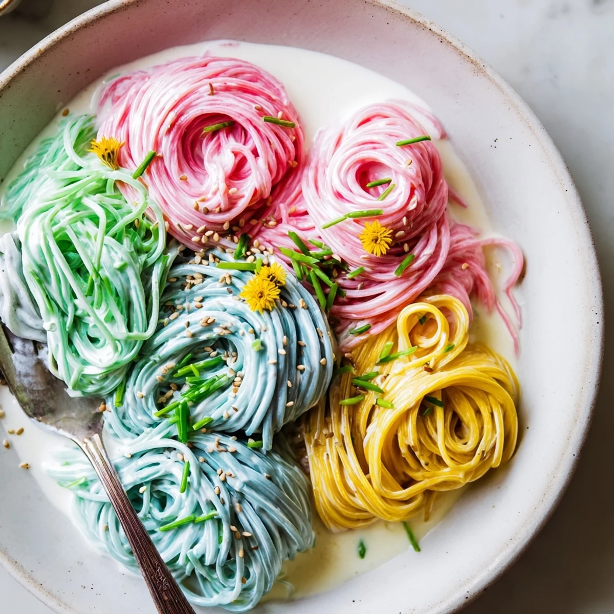 Vibrant Neon Noodle Cloud coated in creamy sauce, garnished with edible flowers.  