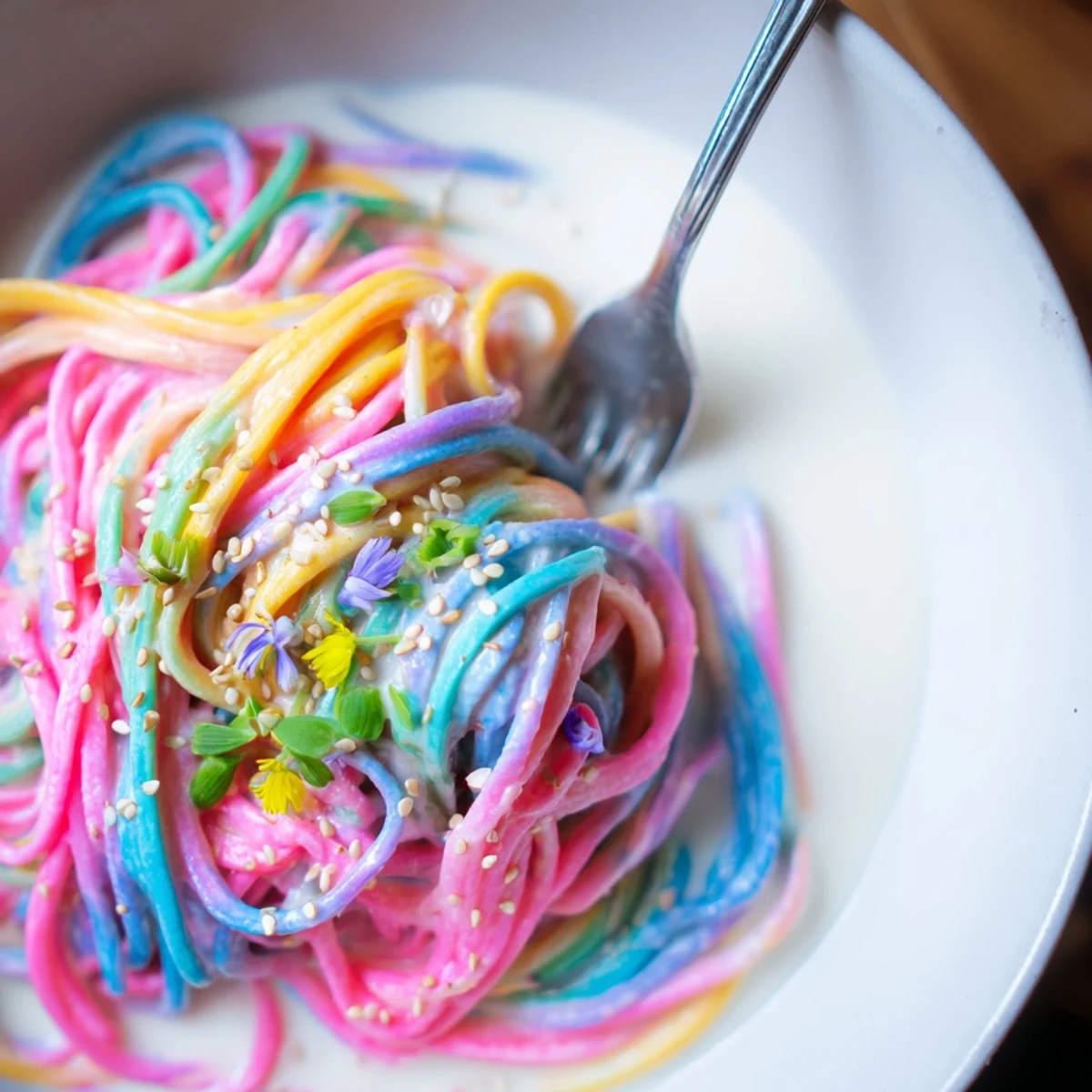 Colorful Neon Noodle Cloud dish with playful textures, perfect for festive gatherings.  
