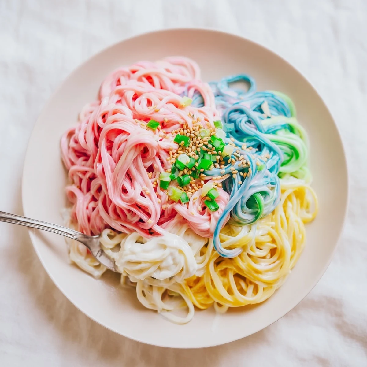 Delicious Neon Noodle Cloud with creamy sauce and bright, whimsical noodle colors.