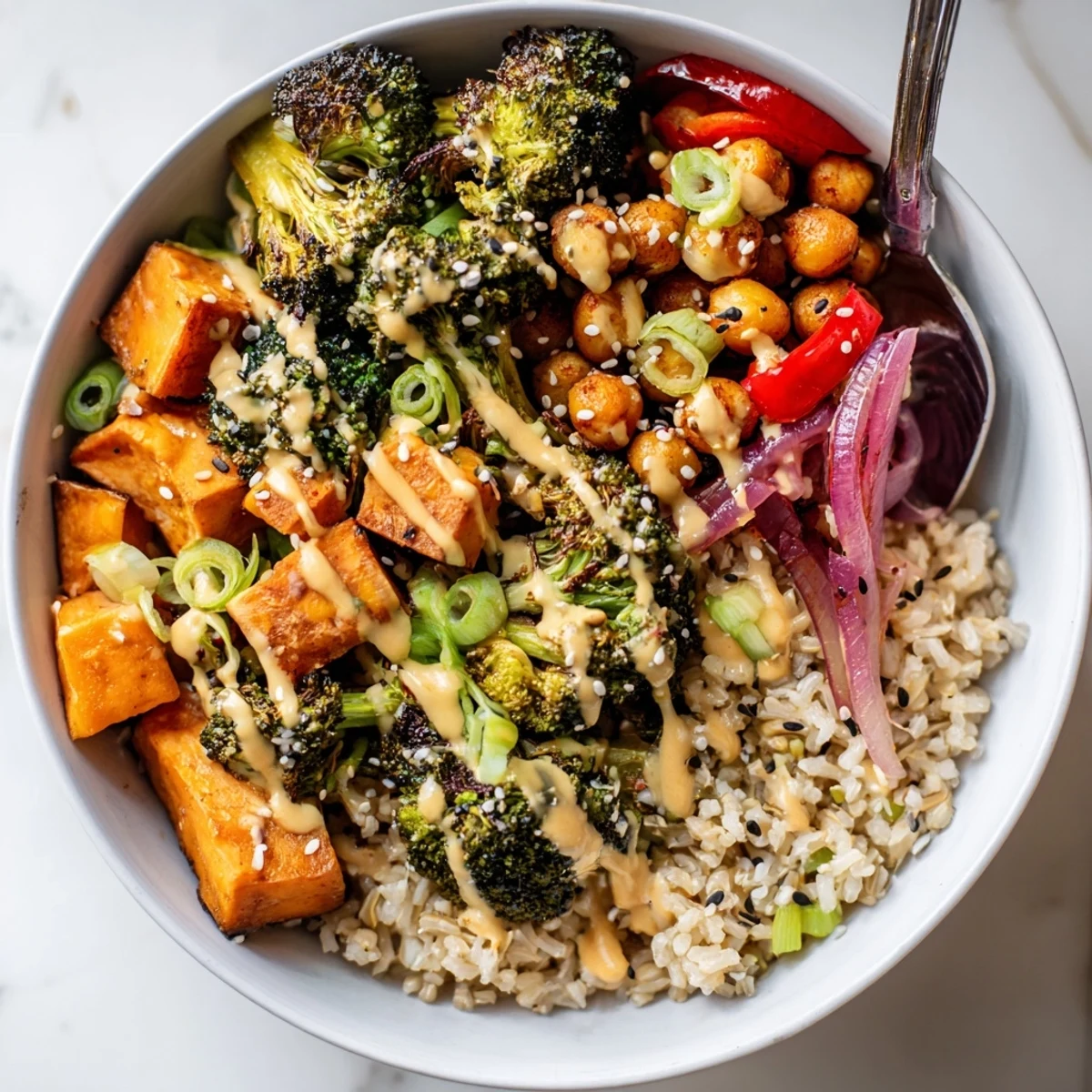 Vibrant Bold Sauce Drizzle Bowls topped with roasted veggies and flavorful sauces.  
