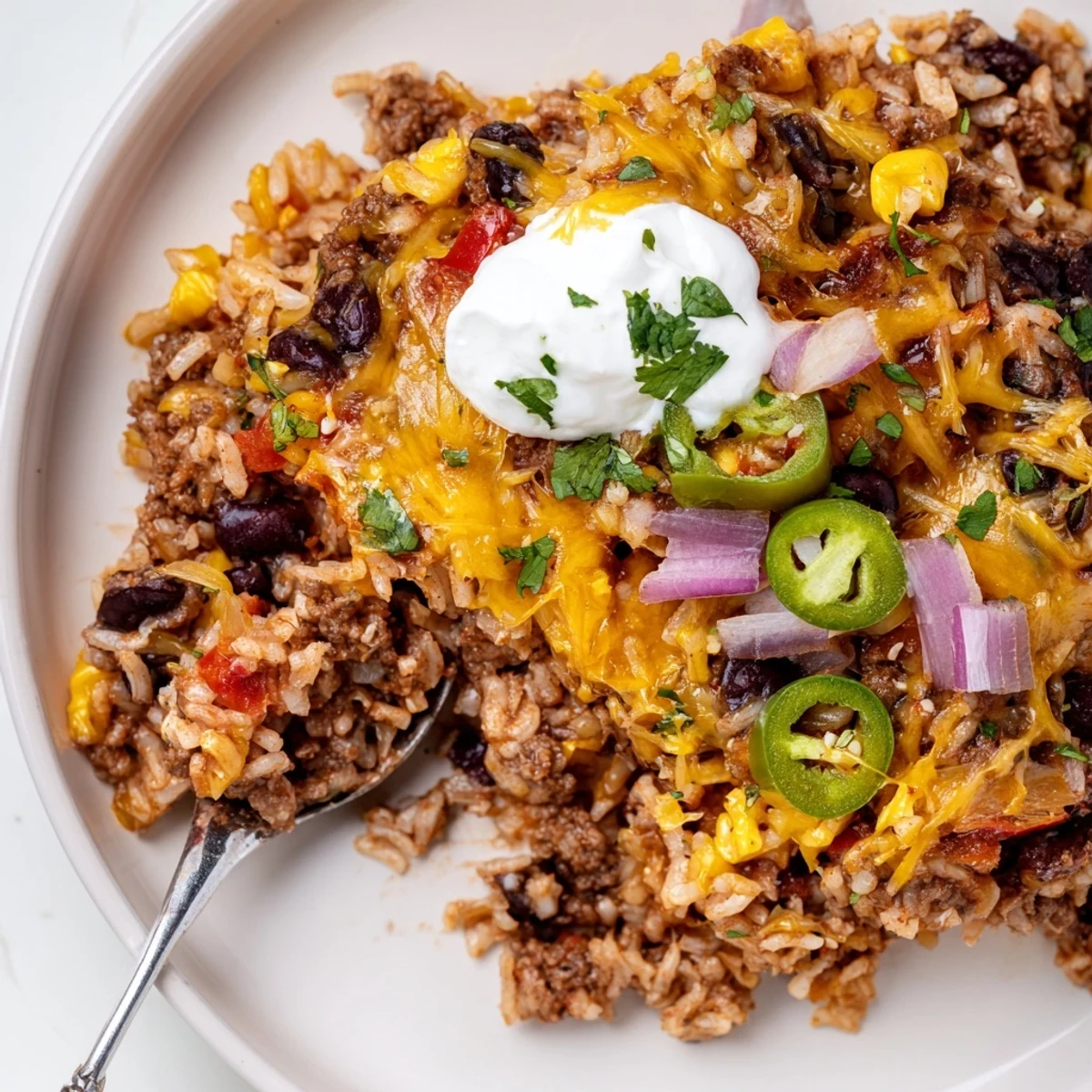 Hearty Tex-Mex Beef & Rice Casserole, oozing with melted cheese and spices.