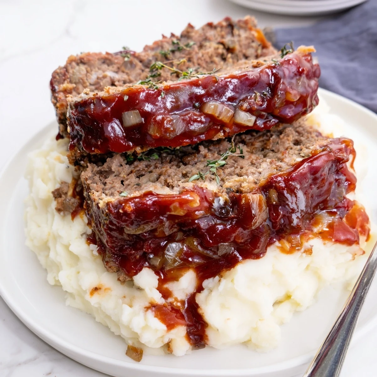 A hearty classic meatloaf dish paired with fluffy, buttery mashed potatoes on a plate.  