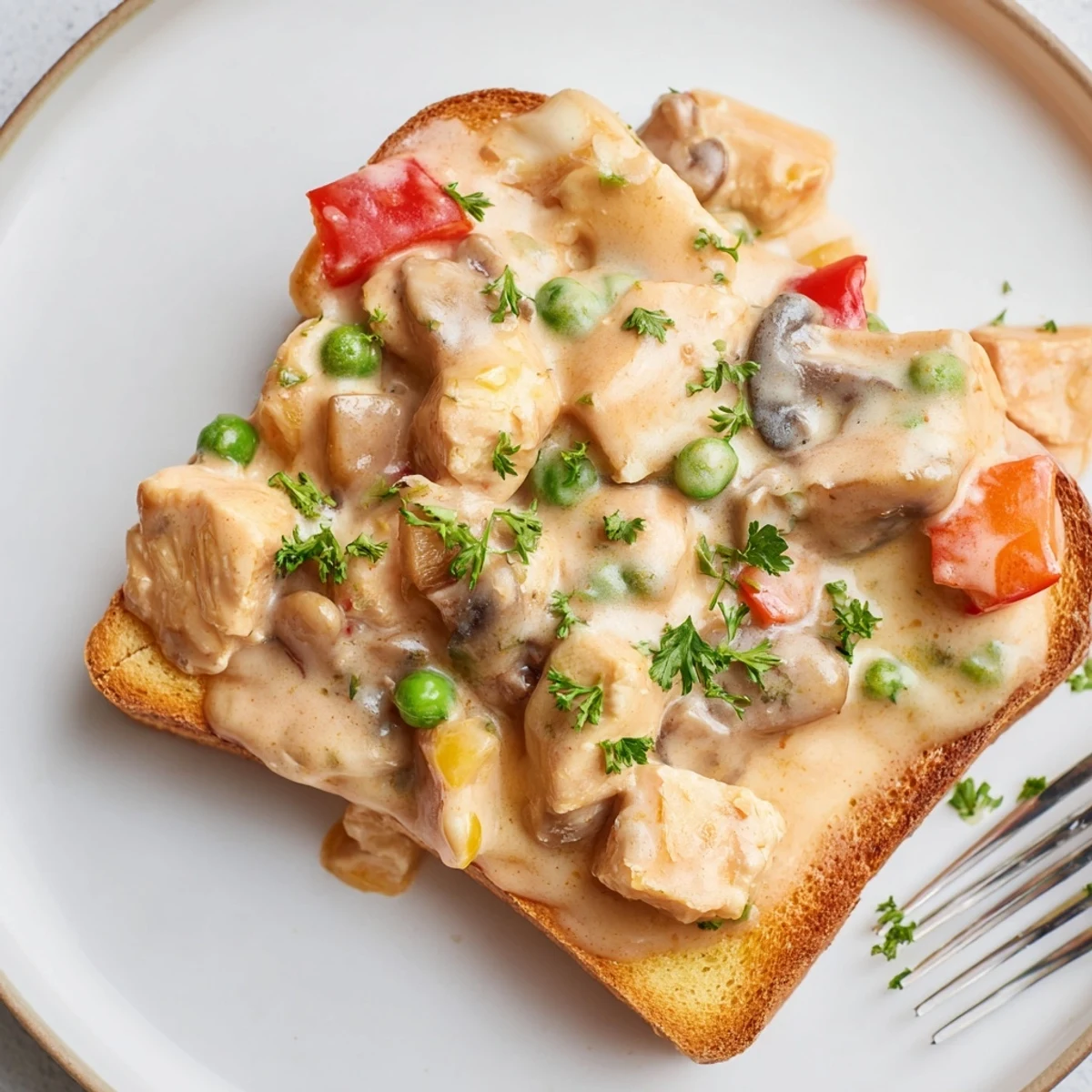 Creamy Chicken à la King served over buttery toast, a comforting weeknight delight.