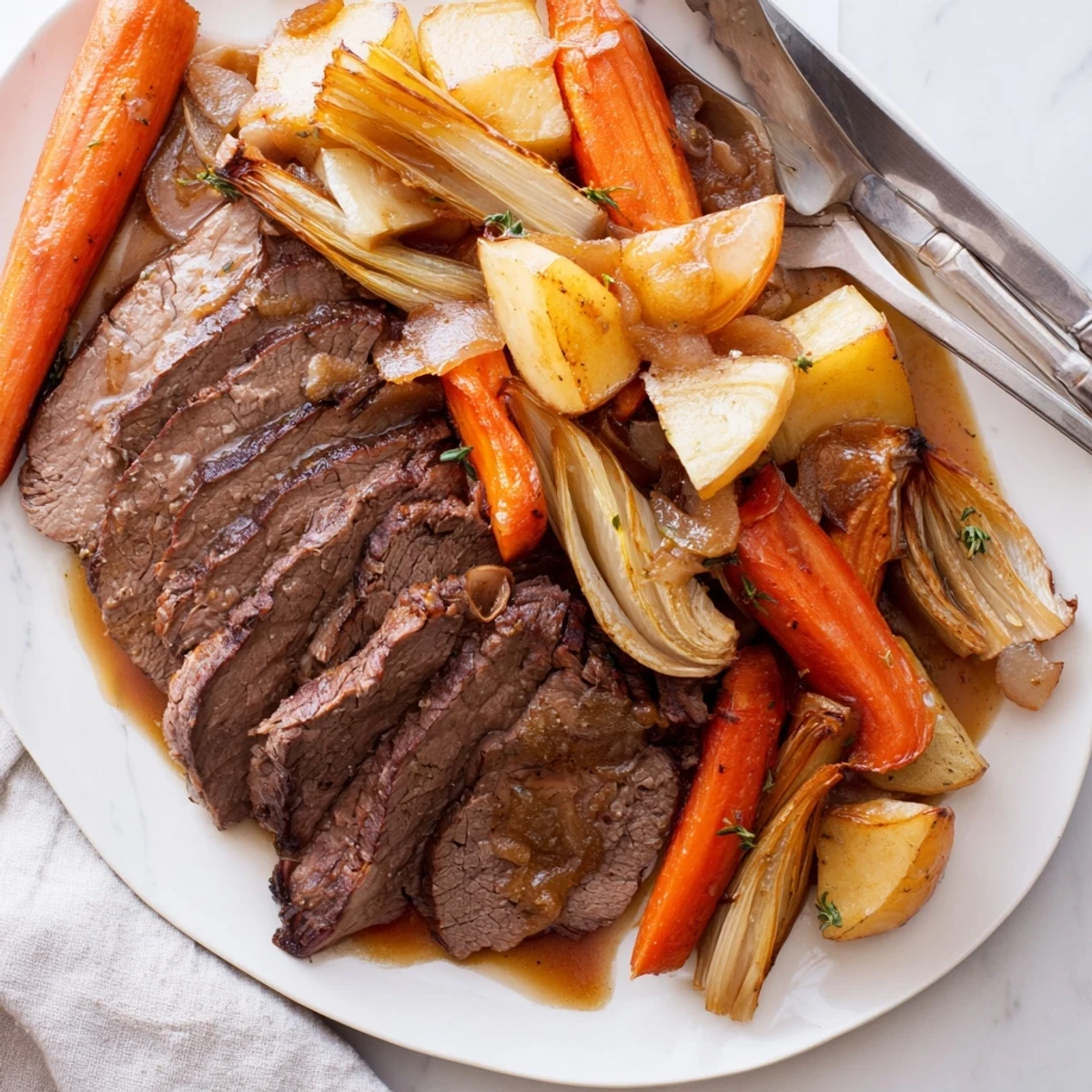 Delicious Sunday pot roast, perfectly cooked alongside colorful roasted veggies.