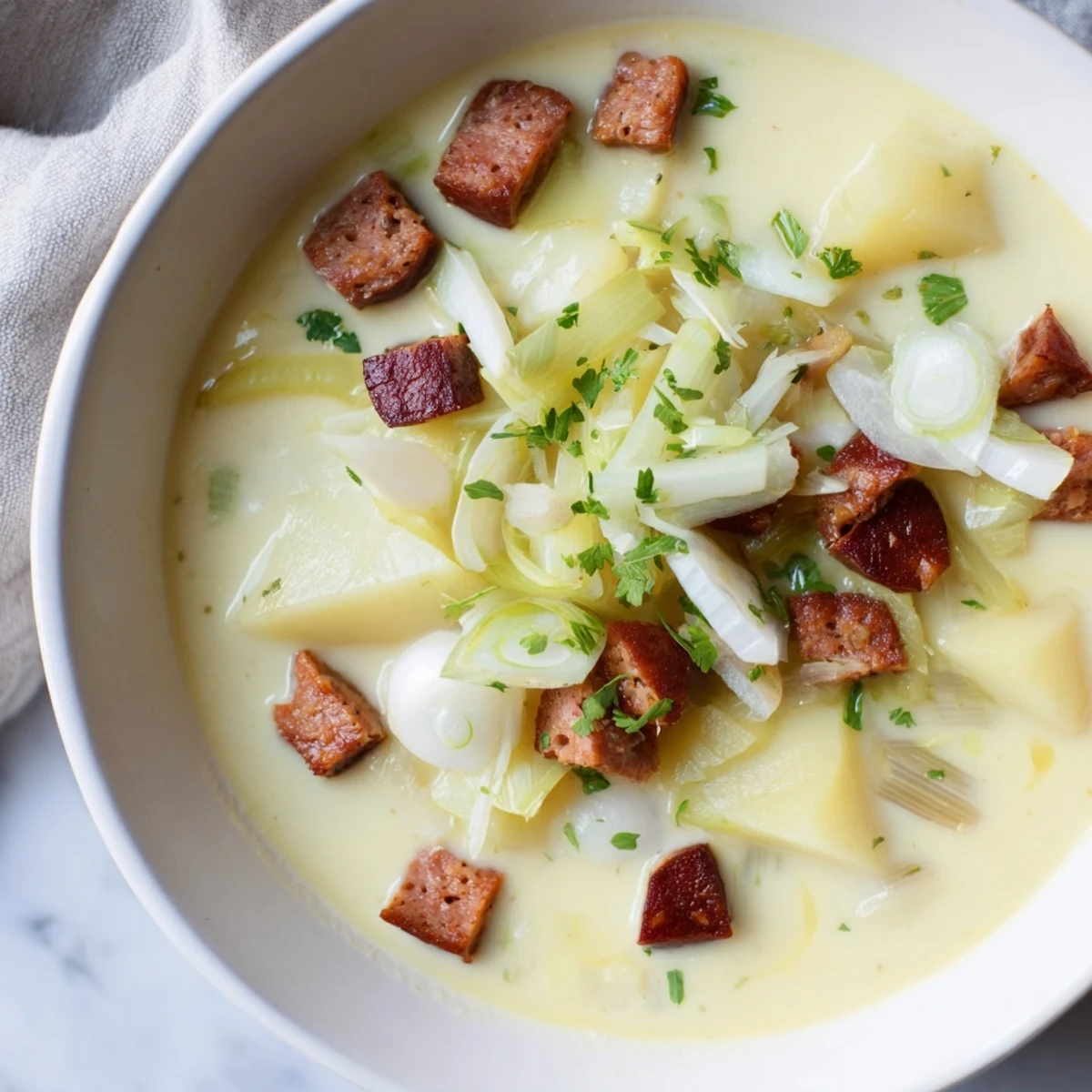 Potato, Leek & Chorizo Soup bowl: A steaming bowl showcasing chunks of potato and spicy chorizo in creamy broth.