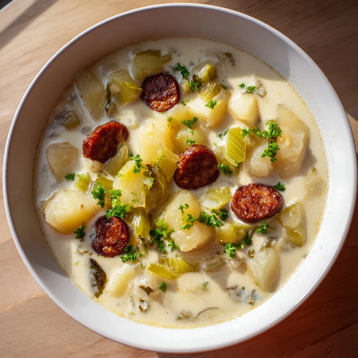 Enjoy a spoonful of the flavorful Potato, Leek & Chorizo Soup, garnished with fresh parsley and crunchy bread.