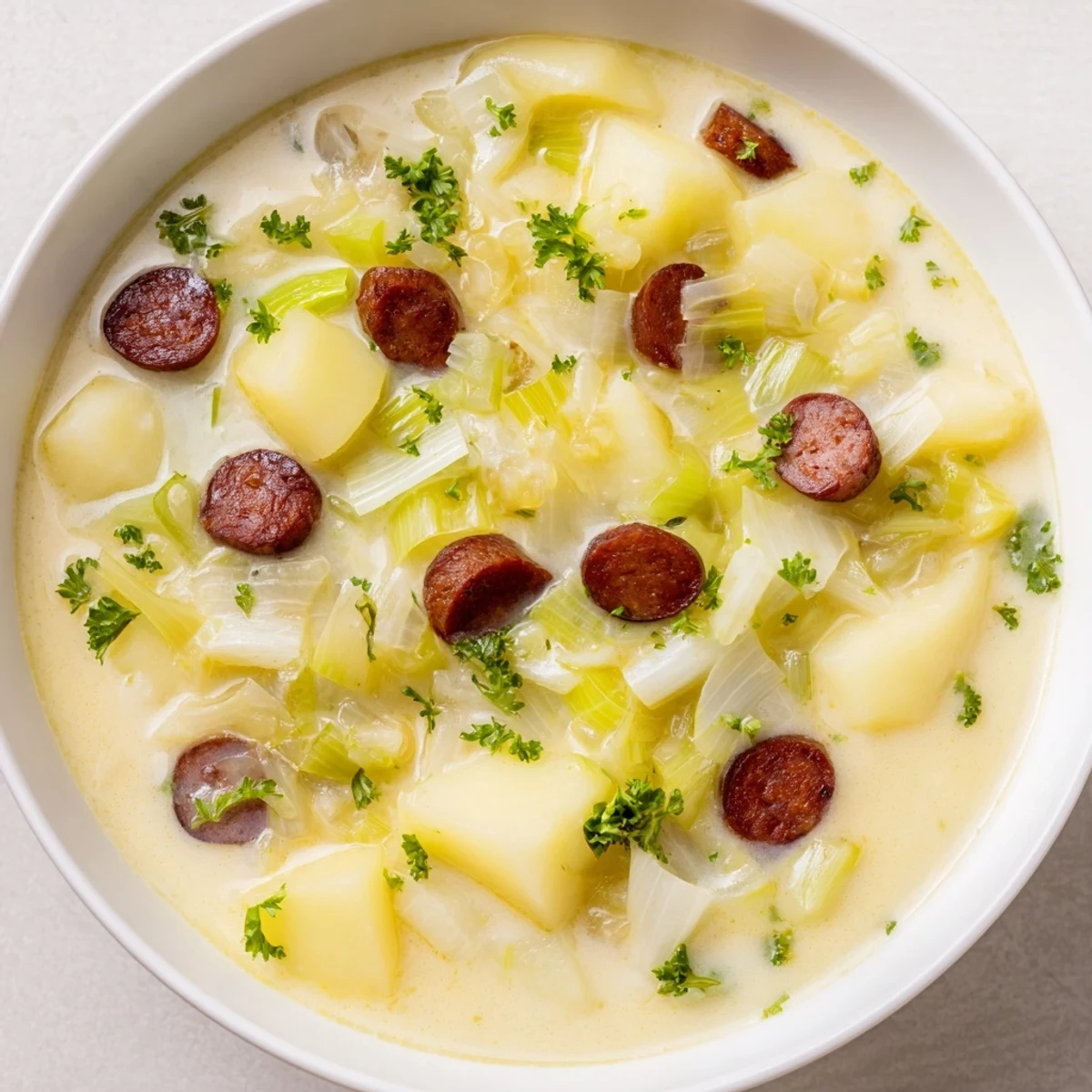 This vibrant photo spotlights Potato, Leek & Chorizo Soup, a comforting and hearty European meal, perfect for any season.