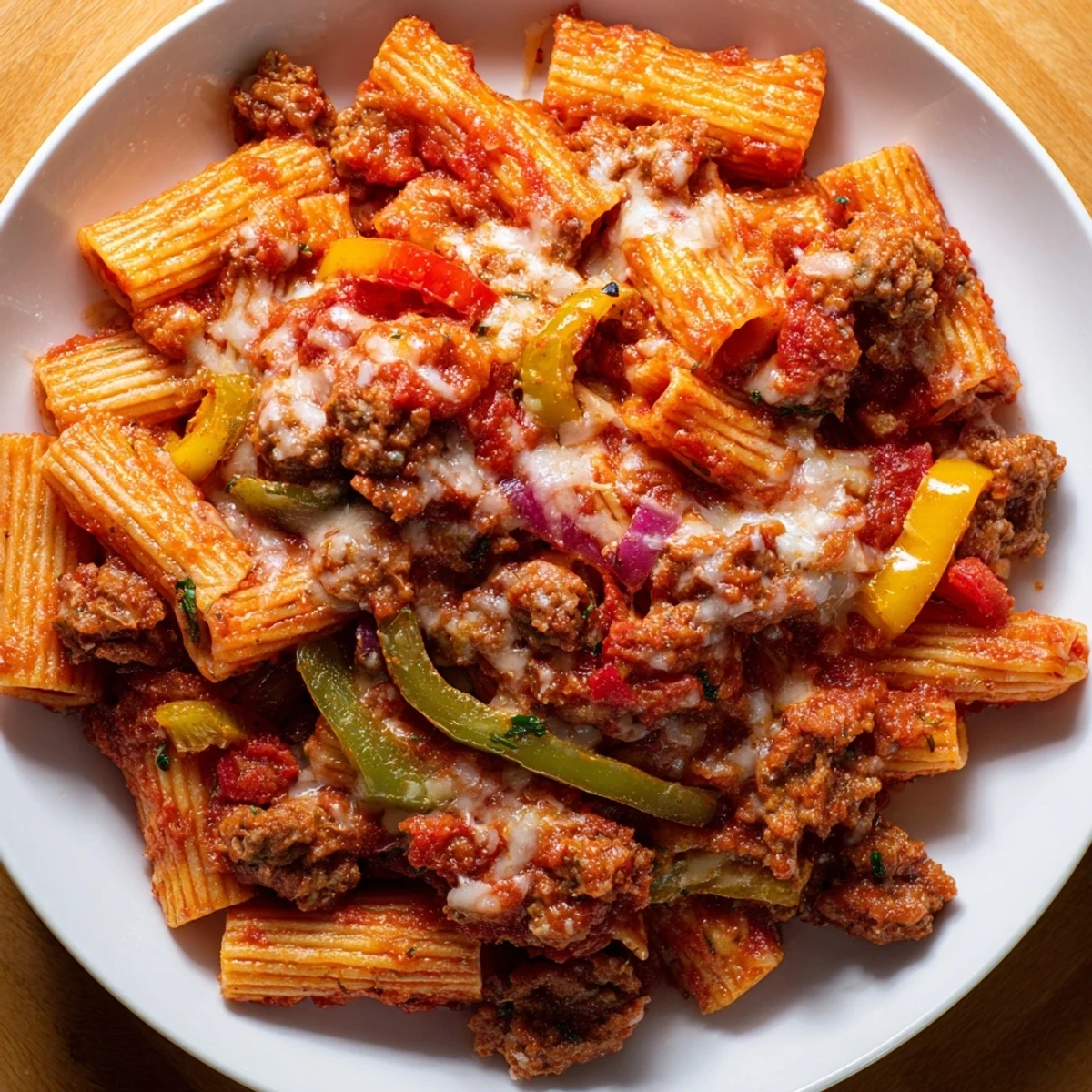 A close-up of cheesy Baked Rigatoni with Sausage & Peppers, showing the flavorful Italian-American casserole.