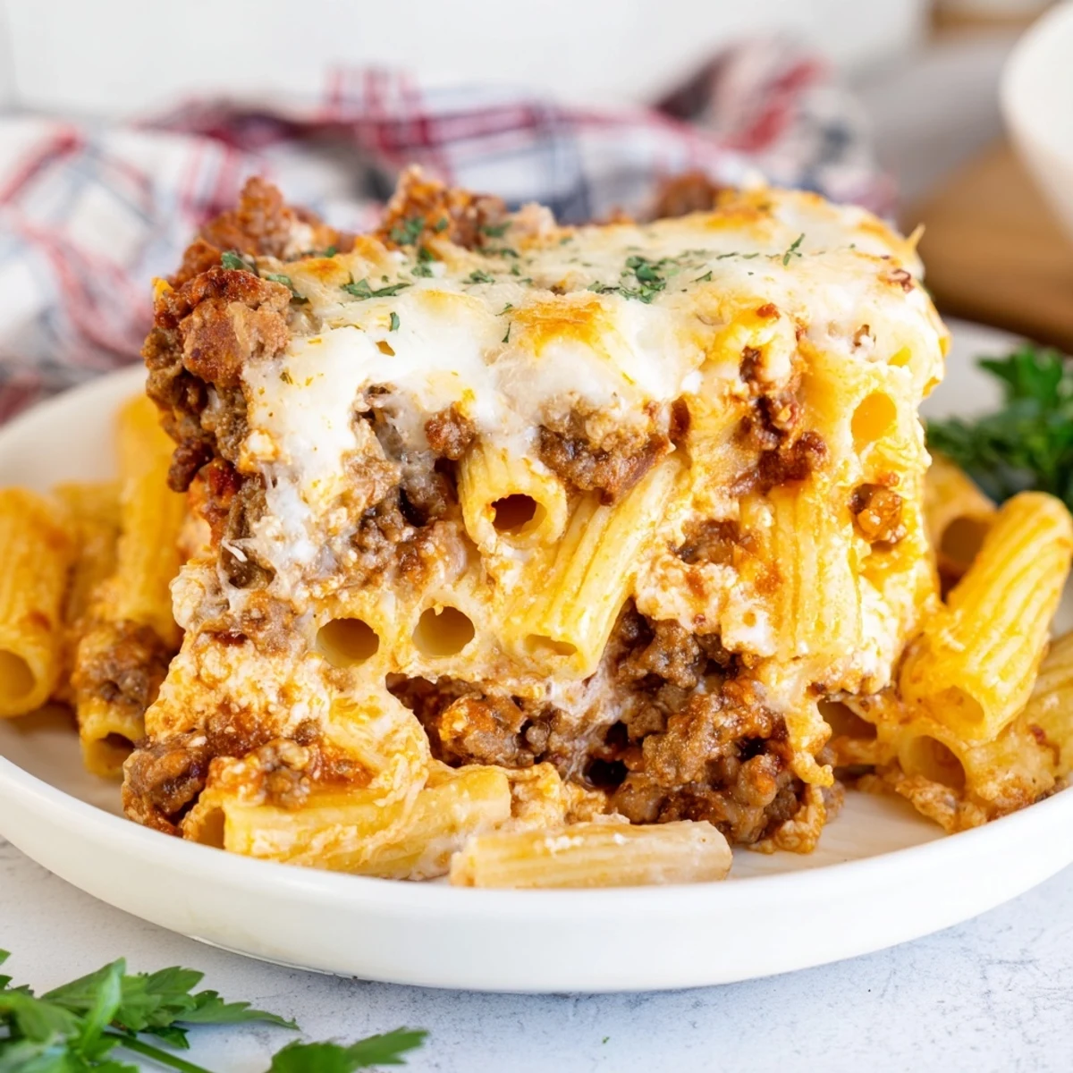 Baked Ziti with Meat Sauce bubbling hot from the oven, showcasing melted mozzarella and Parmesan cheese.