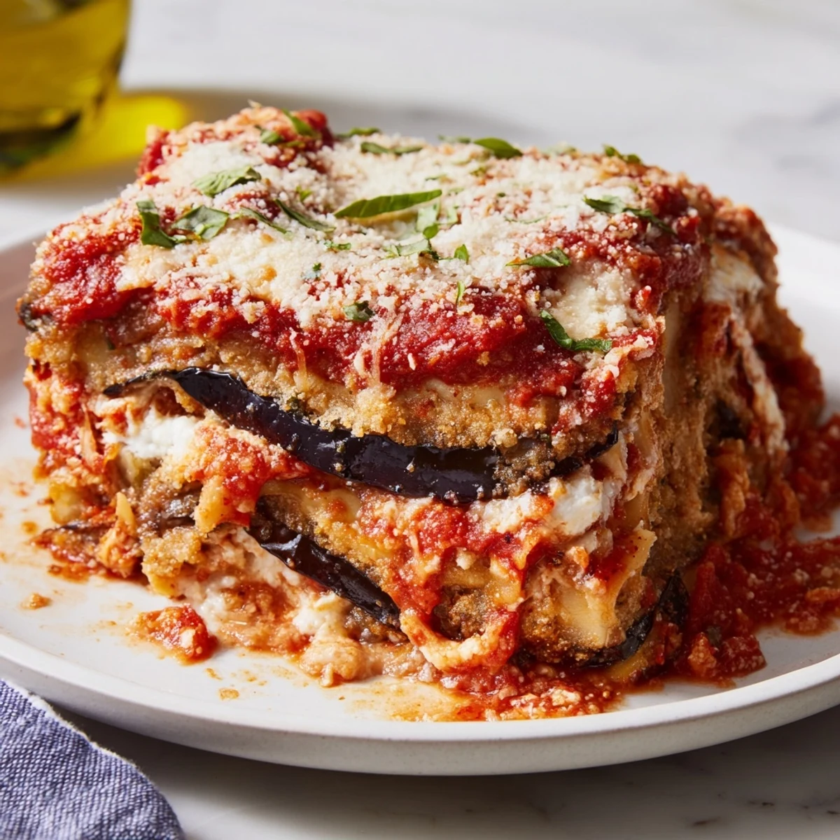 Golden, bubbly Eggplant Parmesan Lasagna with layers of tender eggplant and melted mozzarella cheese.