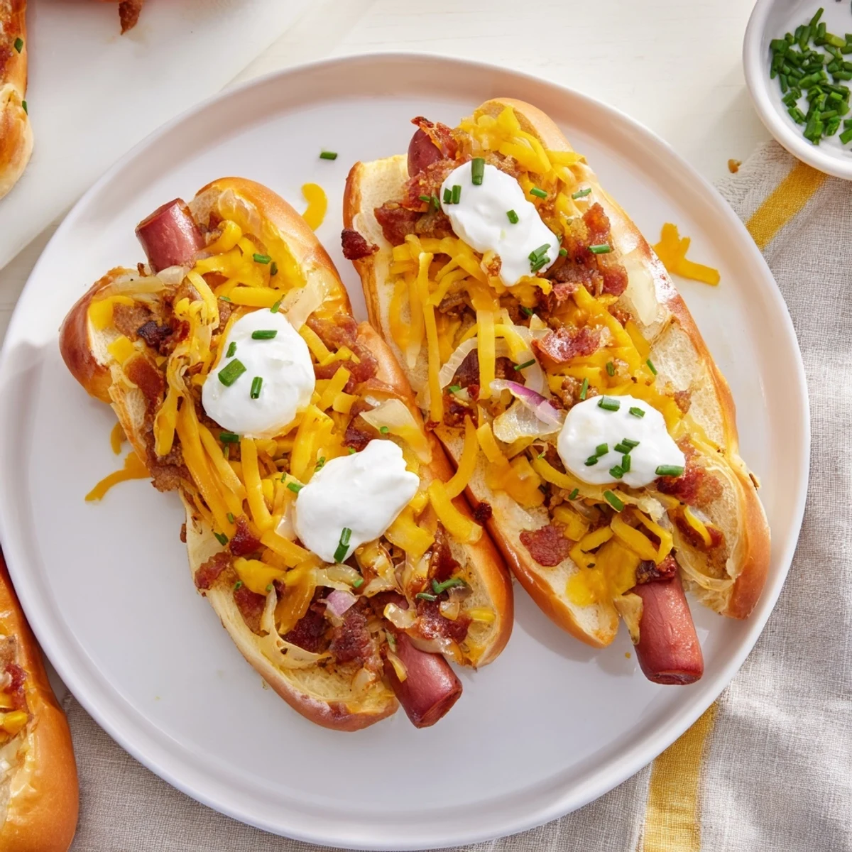A bubbling, cheesy Chili Dog Casserole, a comforting layered dish with golden-brown buns and hot dogs.