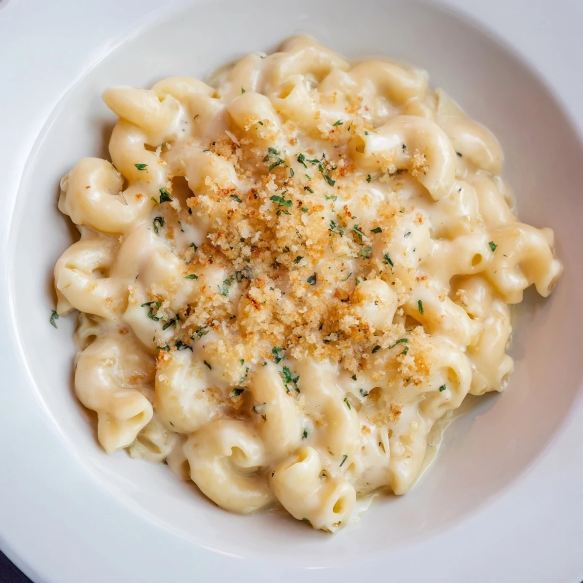 Golden-brown Truffle Macaroni & Cheese, bubbly and sprinkled with Parmesan cheese.