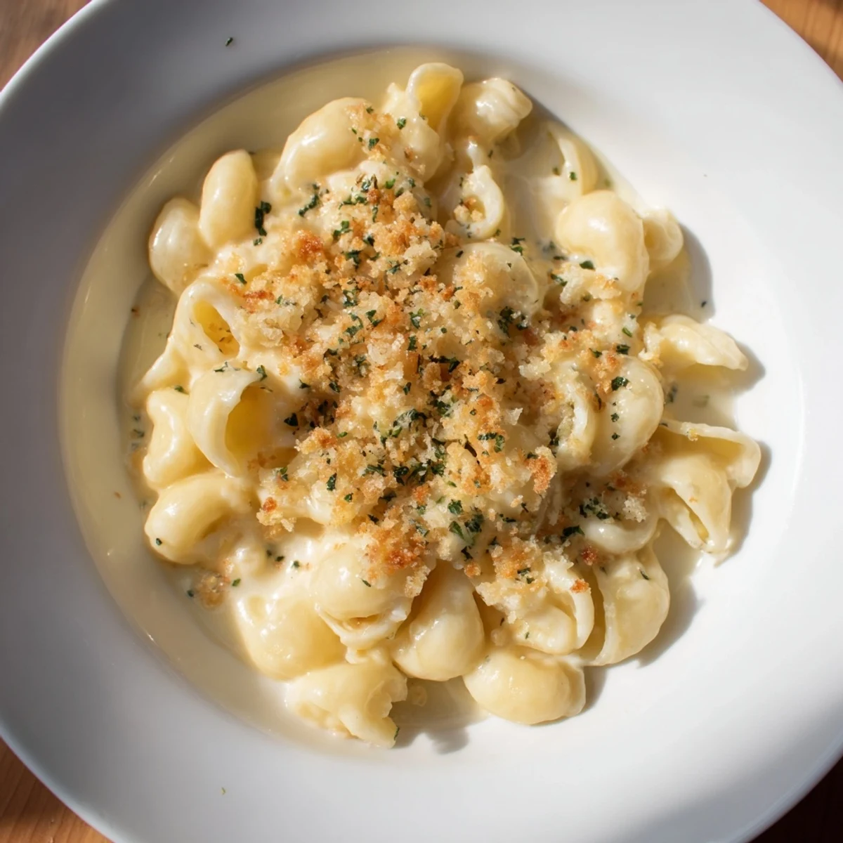 Steaming bowl of Truffle Macaroni & Cheese, garnished and ready for a delicious meal.