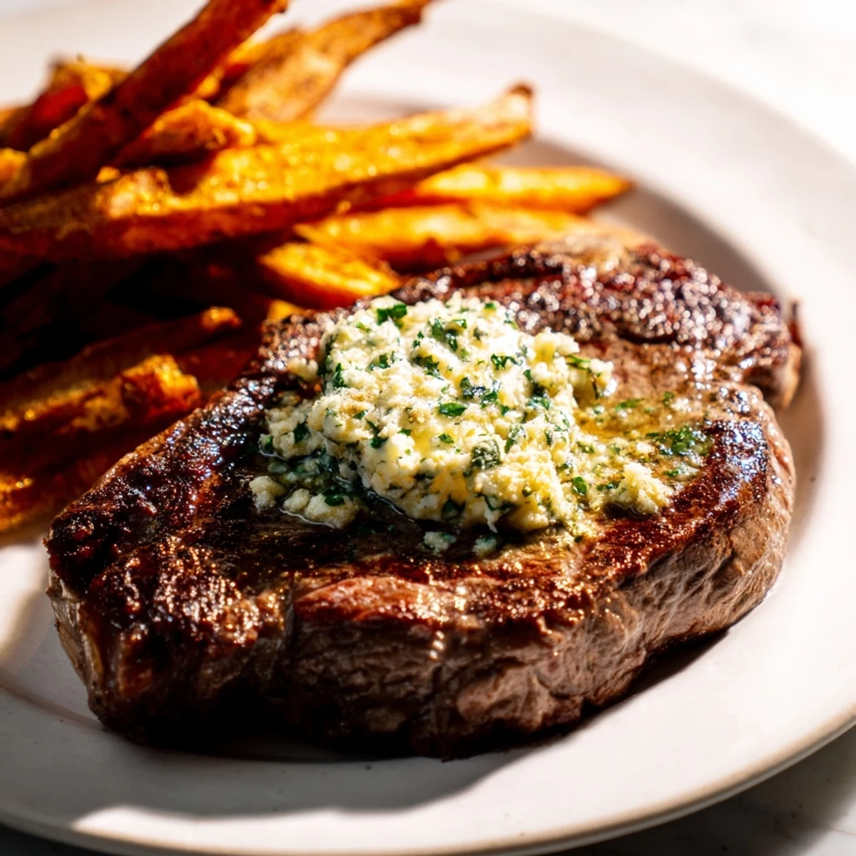 A plate of flavorful Steakhouse Garlic Butter Steak & Fries, imagining the aroma of garlic butter and sizzling steak.