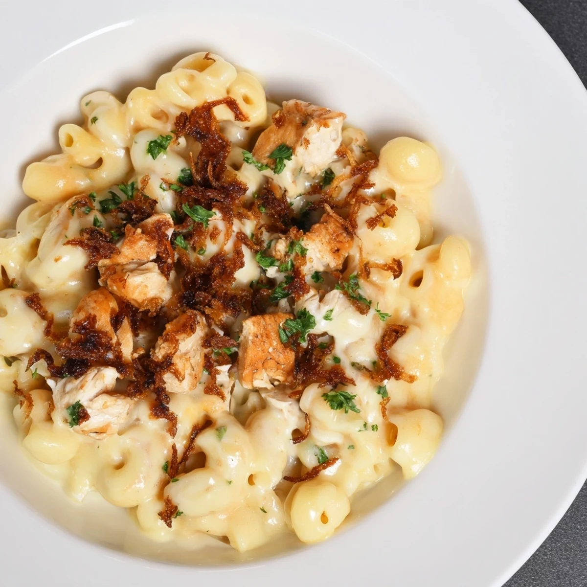 Creamy One-Pot Honey BBQ Chicken Mac and Cheese, bubbling and ready to serve, deliciously cheesy.