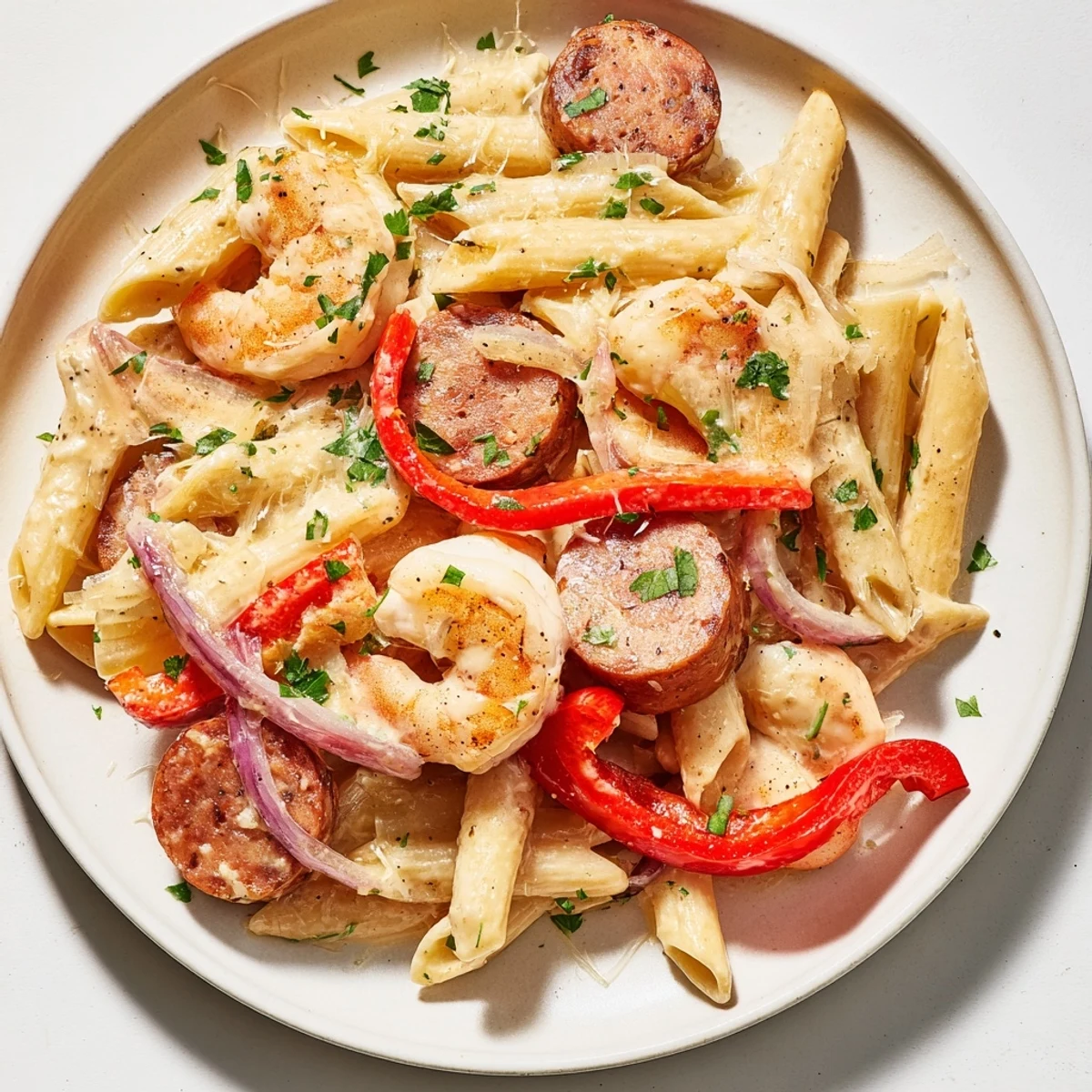 Skillet of Cajun Sausage & Shrimp Alfredo Pasta, creamy sauce coating tender pasta and shrimp.