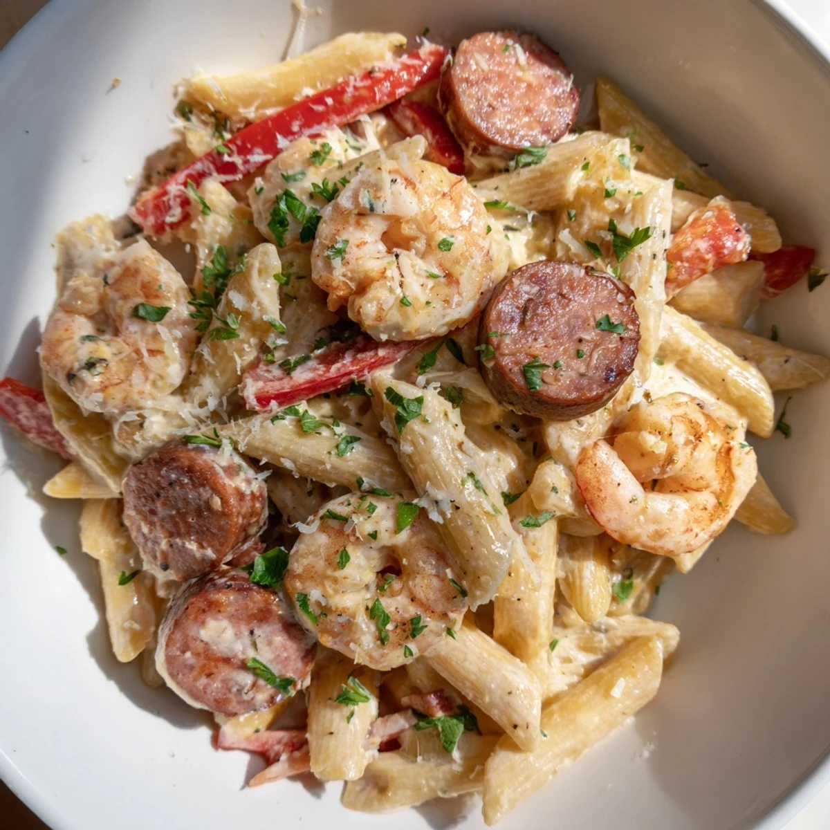Close-up of a flavorful Cajun Sausage & Shrimp Alfredo Pasta dish, ready for serving.