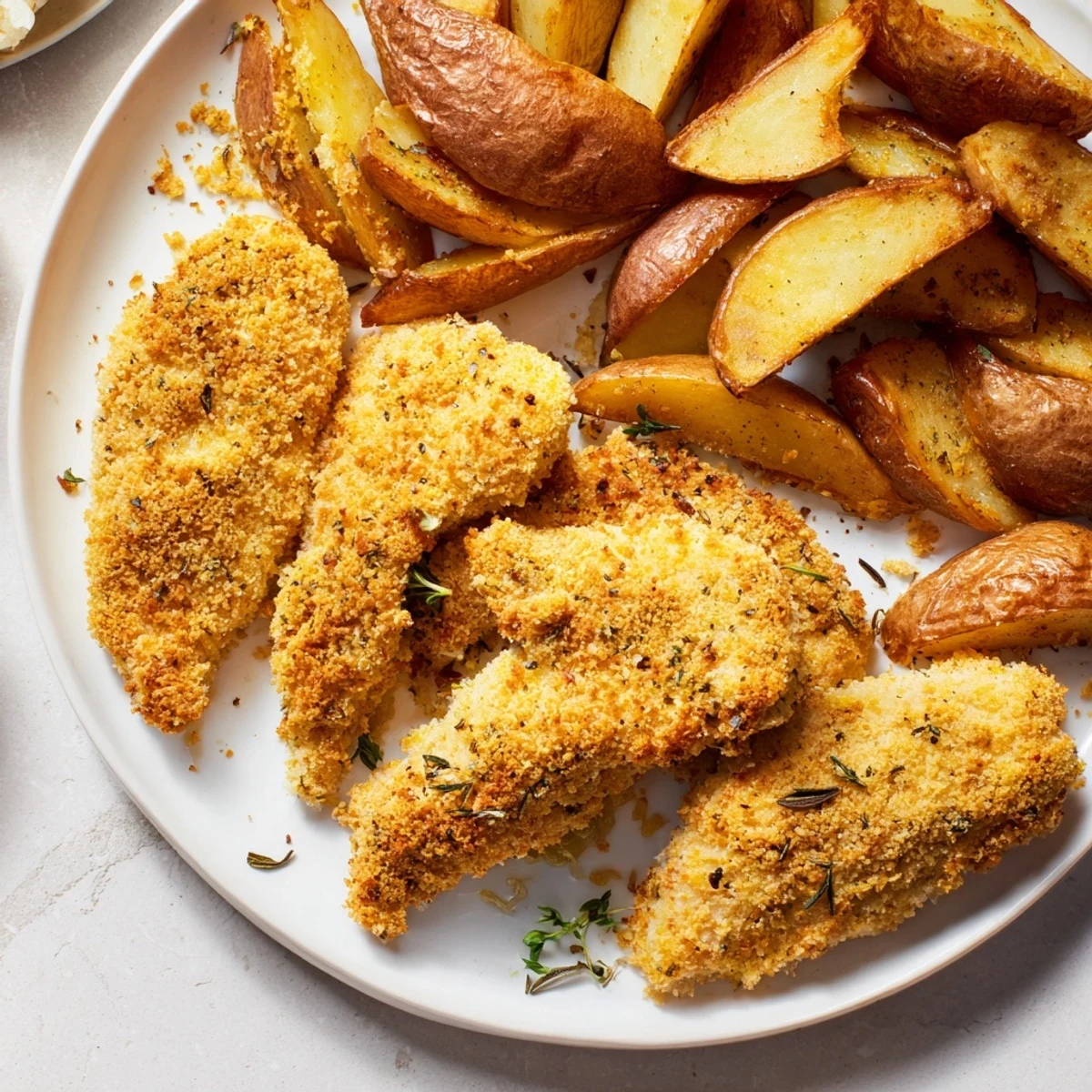 Close-up of freshly cooked herbed chicken tenders served with seasoned potato wedges, a satisfying dinner.