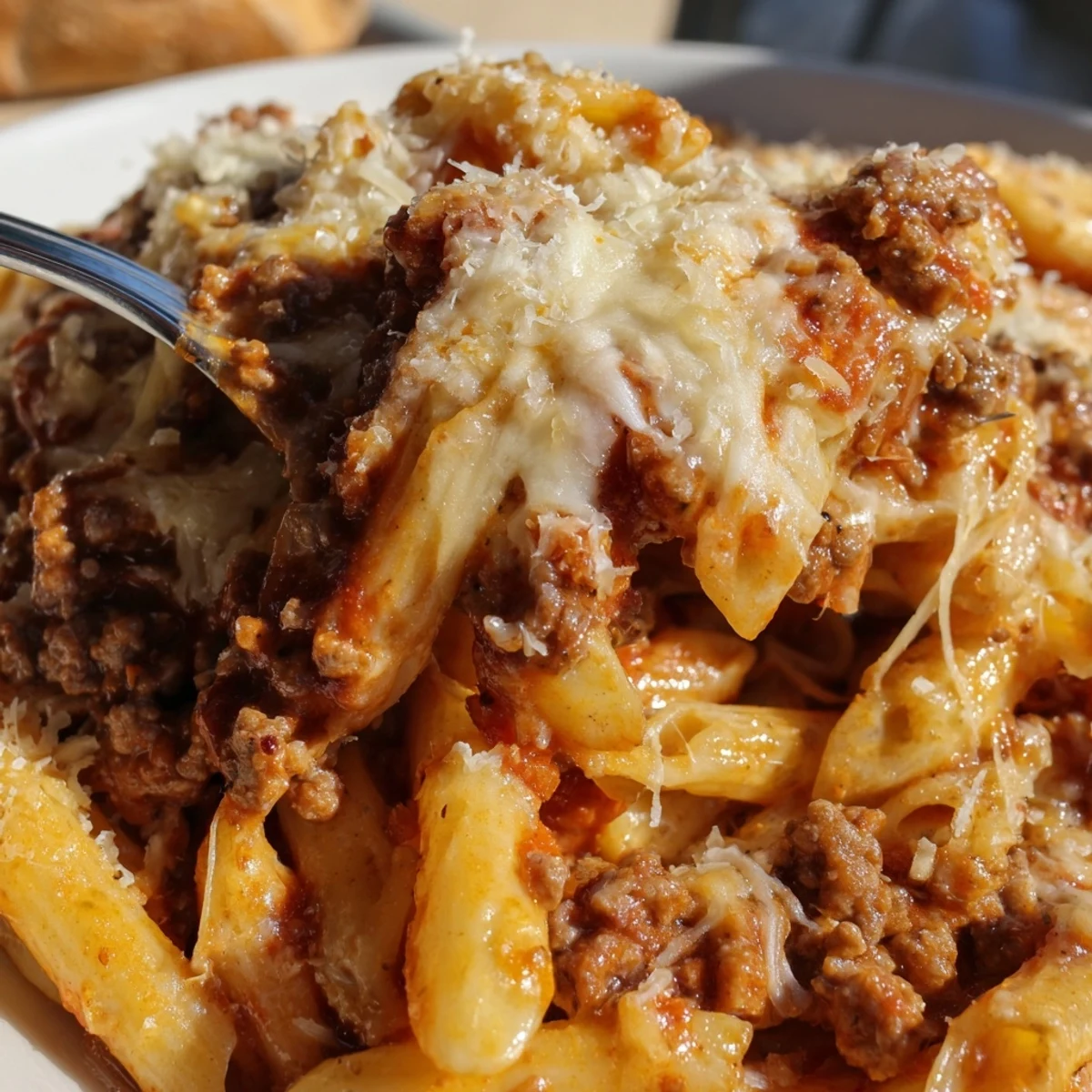 Steaming Cheesy Beef & Penne Bake with a bubbly, golden cheese crust and rich tomato sauce.