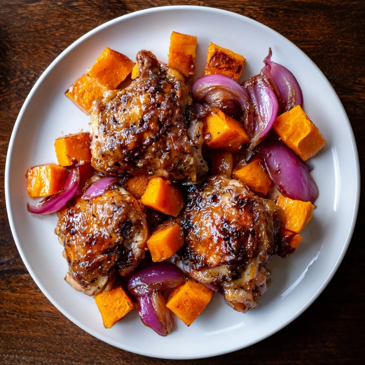 Savory Maple Glazed Chicken & Sweet Potato Bake, showcasing roasted chicken thighs and sweet potatoes deliciously.