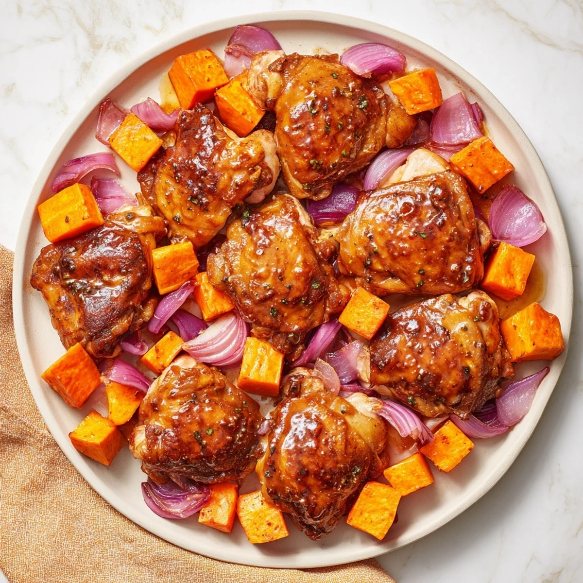 Golden-brown Maple Glazed Chicken & Sweet Potato Bake with tender vegetables and a glistening glaze.
