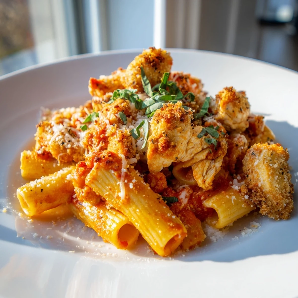 A close-up of a steaming bowl of Baked Chicken Parmesan Pasta, cheese perfectly melted and browned.