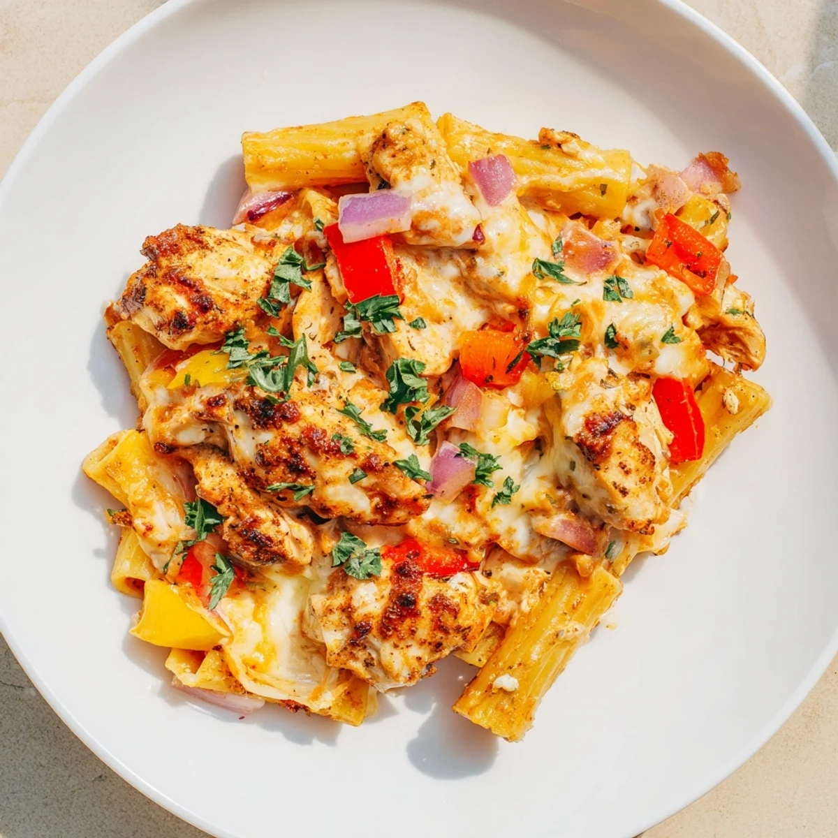 Golden brown Cajun chicken pasta bake, served steaming, with colorful bell peppers in the creamy sauce.