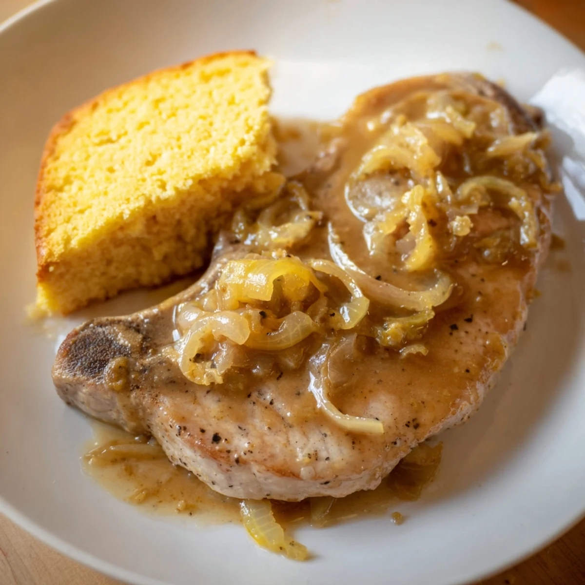 Golden-brown smothered pork chops swimming in savory gravy, with warm and fluffy cornbread alongside.