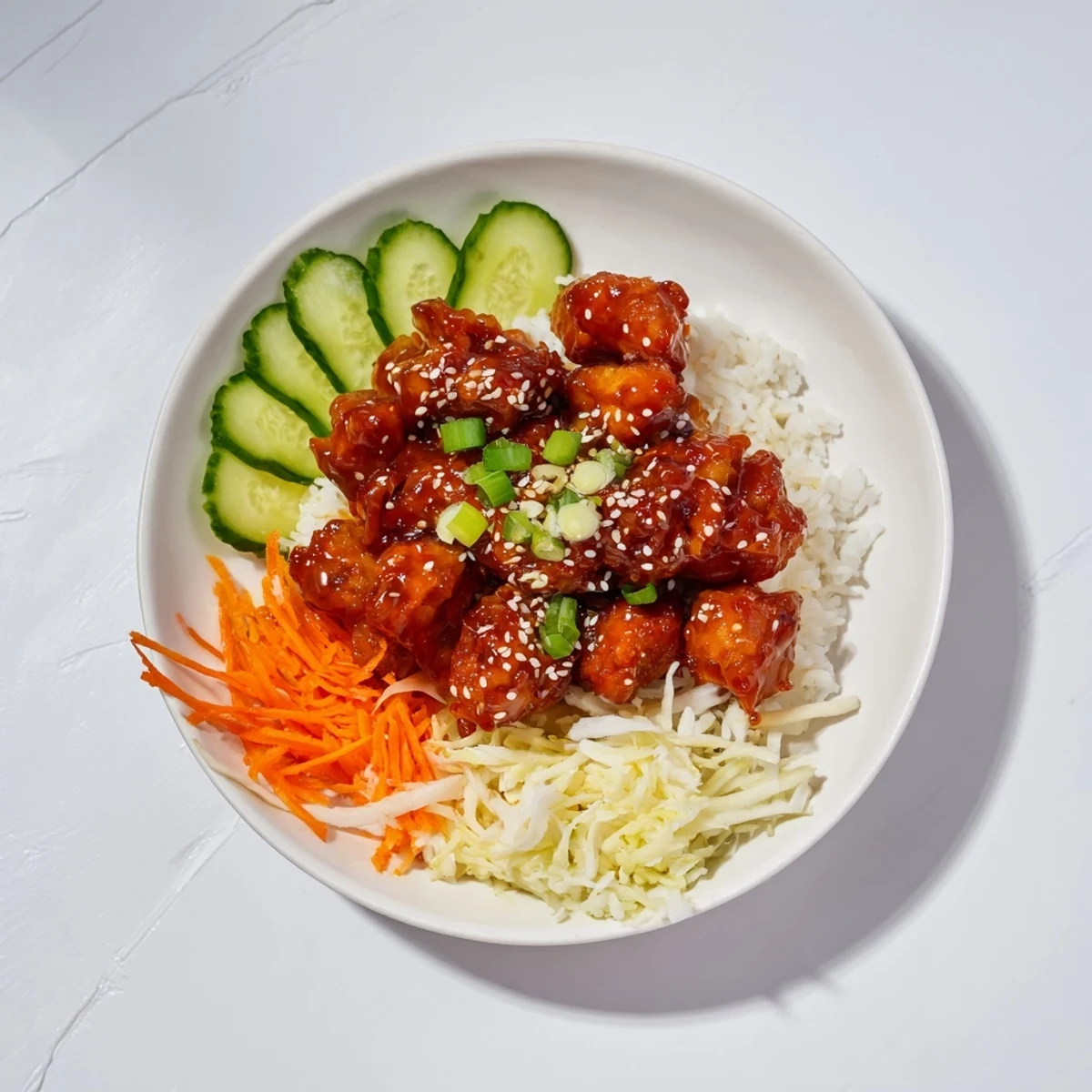 A close-up of a steaming Sriracha Honey Chicken Rice Bowl, the spicy fragrance is enticing.