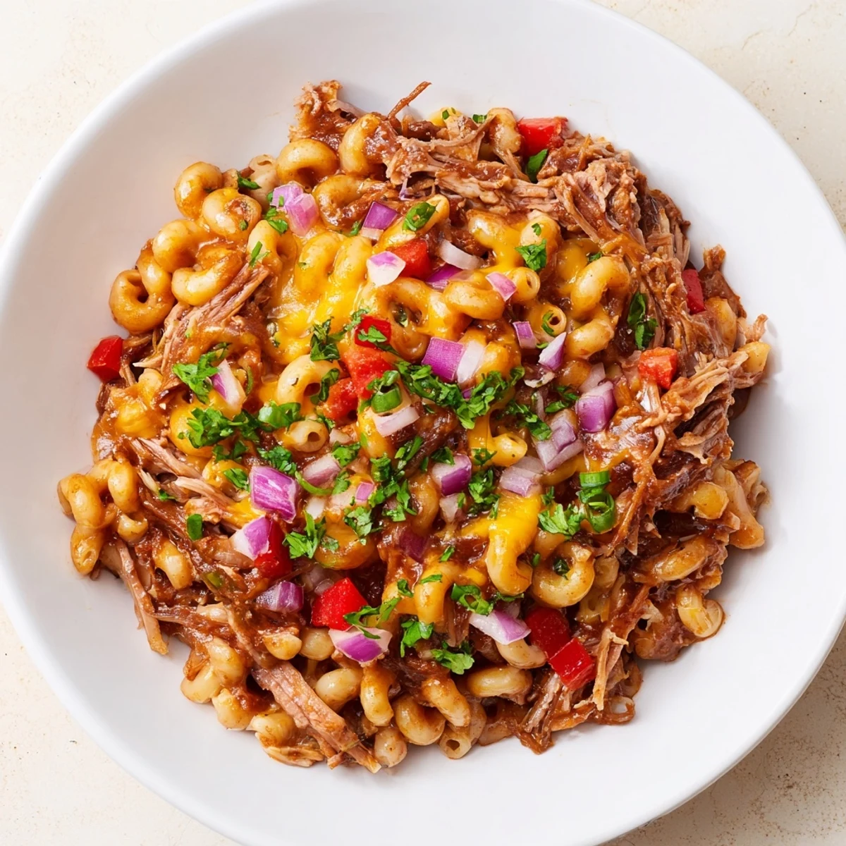 A close-up of a bubbling BBQ Rib Macaroni Skillet, highlighting tender rib meat and macaroni.
