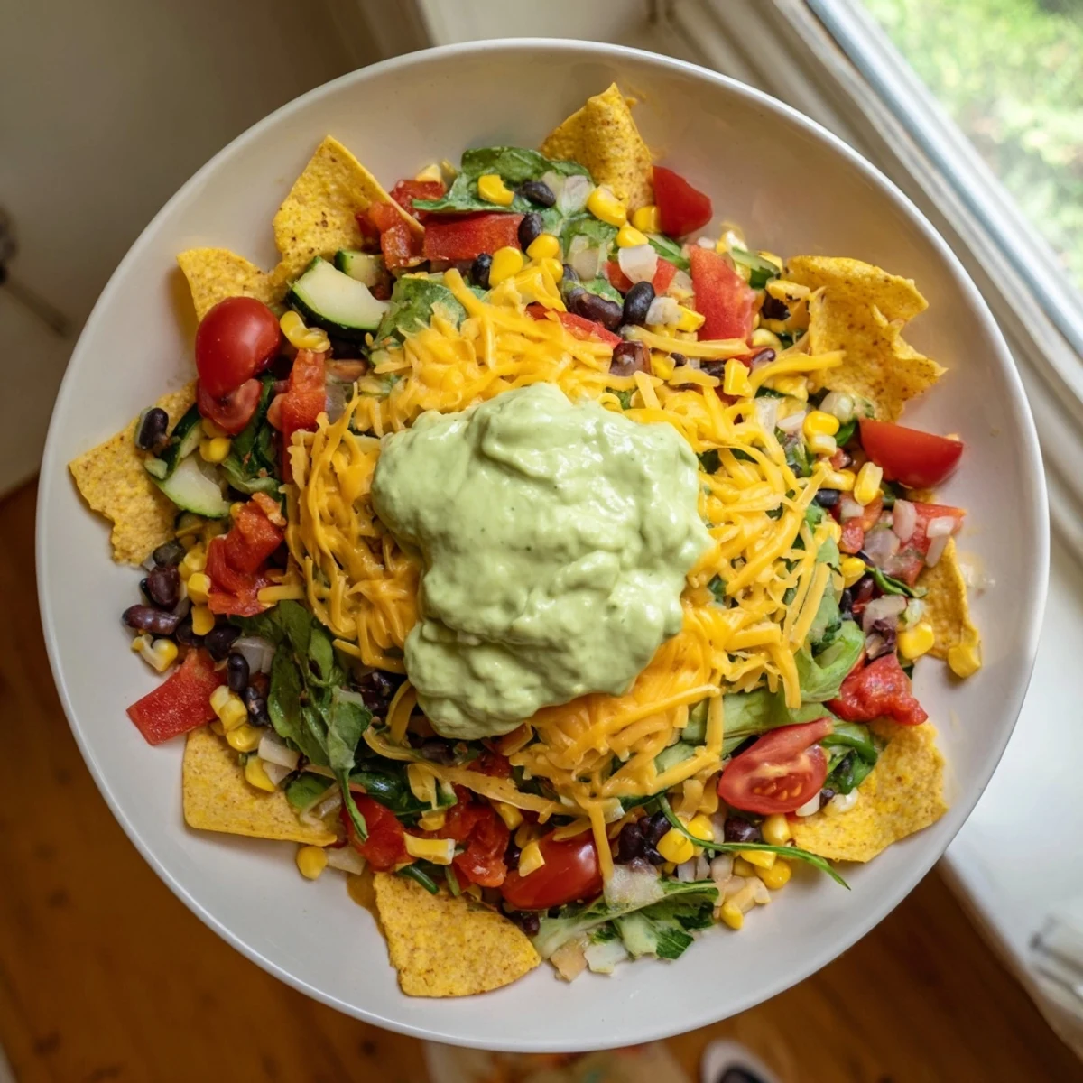 Close-up of a colorful veggie-packed Taco Skillet with a swirl of cool, fresh avocado yogurt.