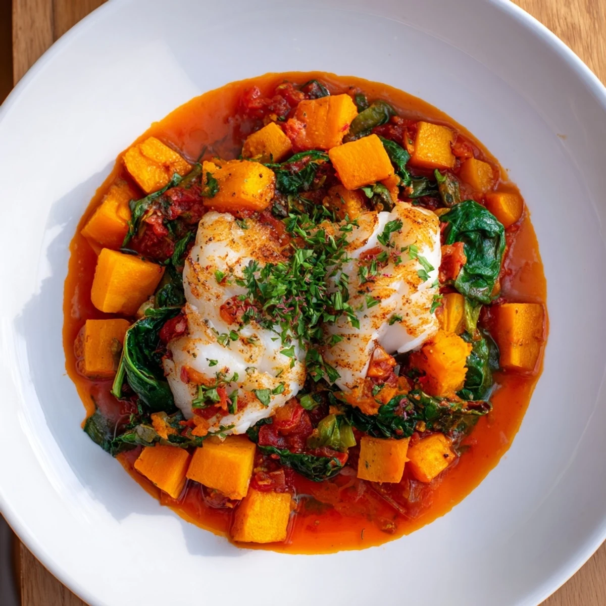 Baked cod with butternut squash and spinach, a flavorful dish with tender fish and roasted vegetables.