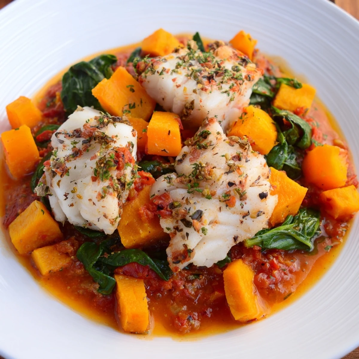 Flaky Baked Cod sitting atop tender vegetables offers a healthy and delicious Mediterranean-inspired meal choice.