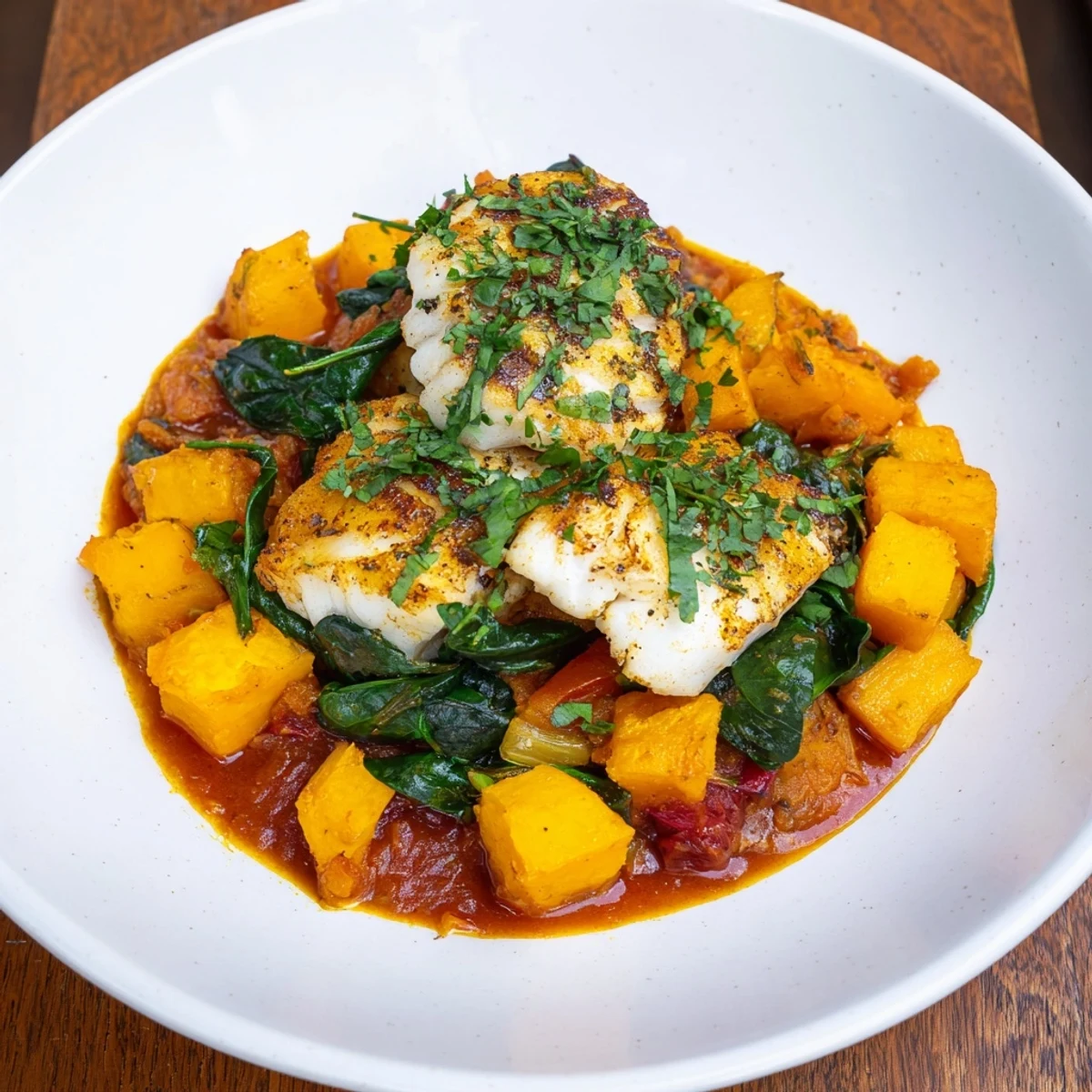Vibrant image of Baked Cod with butternut squash, served with fresh parsley and a bright tomato-herb sauce.