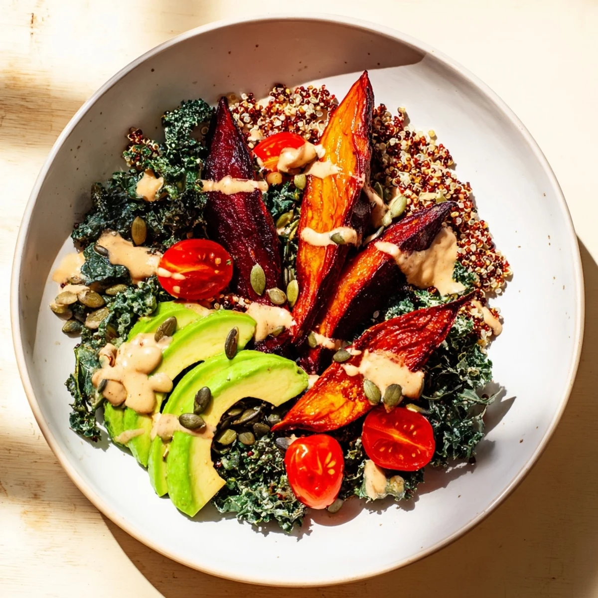 Enjoy a spoonful of the flavorful quinoa, kale & roasted beet bowl, featuring earthy beets and fresh dressing.