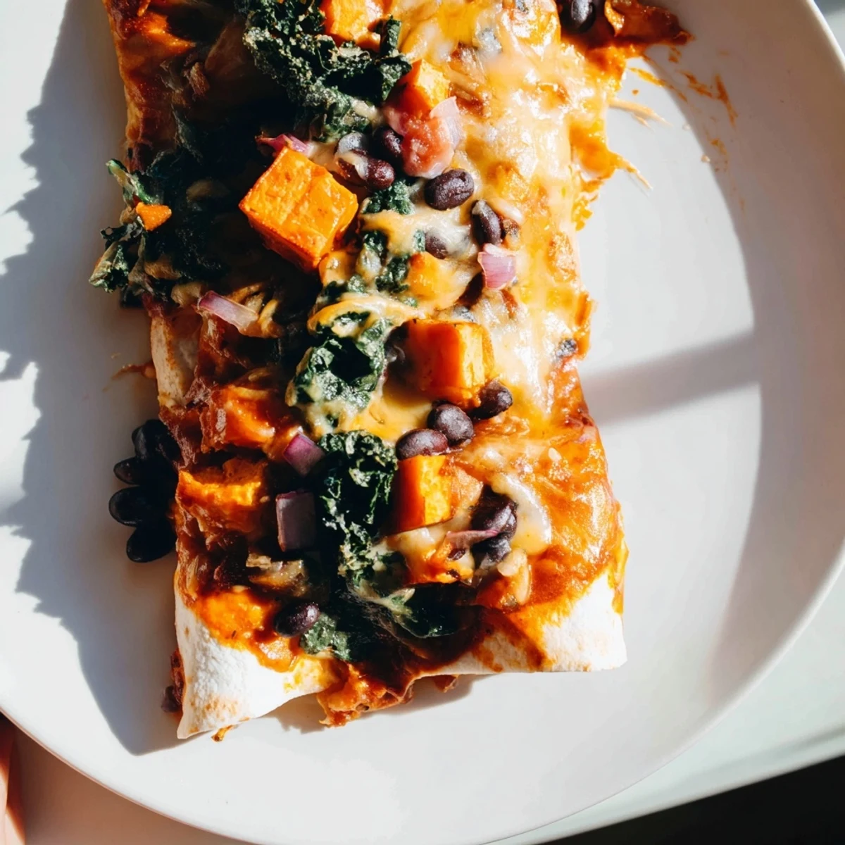 Roasted sweet potato, black bean & kale enchiladas baking with bubbly cheese and savory enchilada sauce.