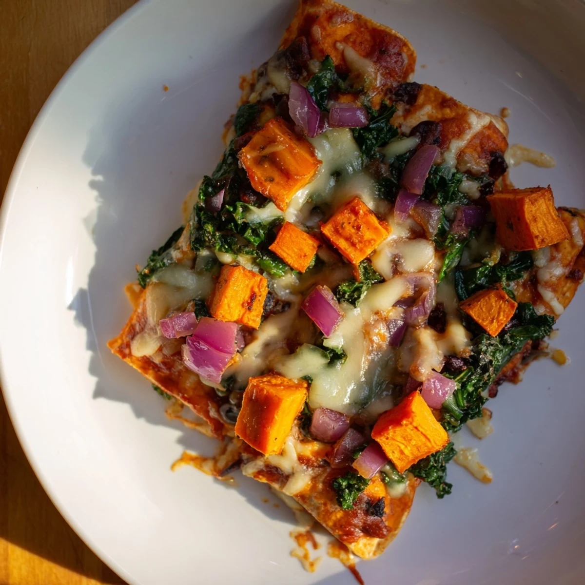 Vibrant one-pan sweet potato, black bean & kale enchiladas ready to be garnished and enjoyed.