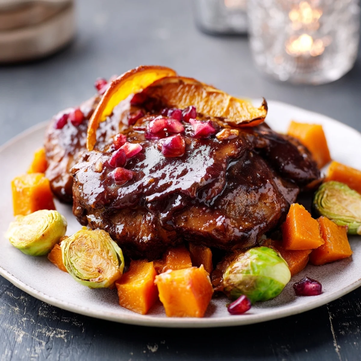 Golden-brown Sheet-Pan Roasted Turkey Breast, surrounded by colorful roasted winter vegetables and a rich glaze.