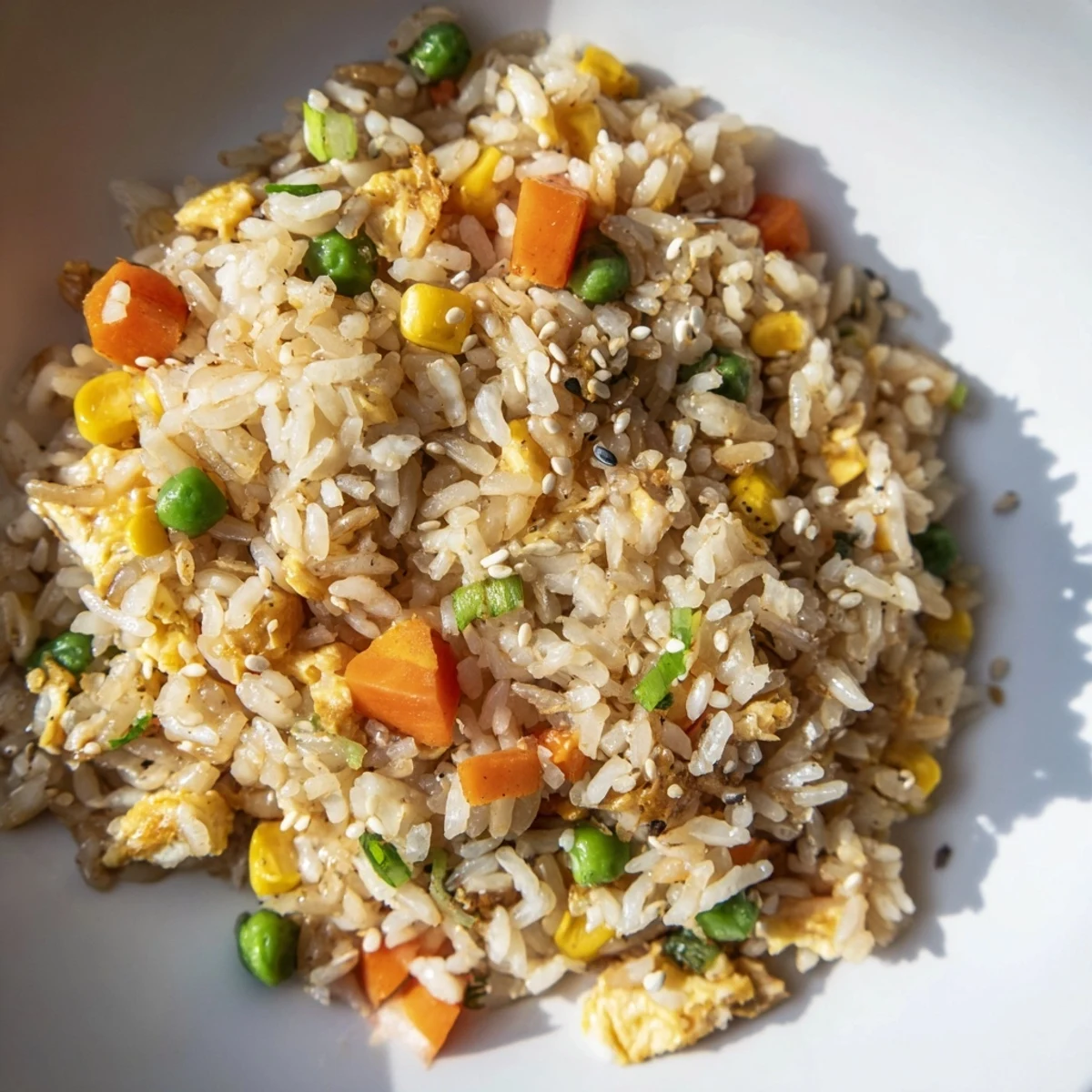 A tempting bowl filled with colorful frozen veggie fried rice; perfect for a quick dinner.