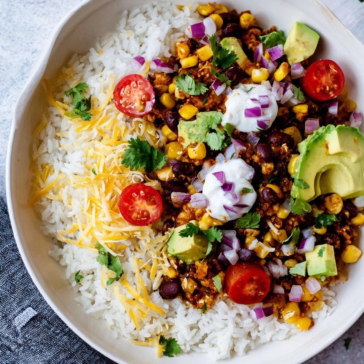 Text: Imagine fluffy rice and flavorful beans in this hearty Rice, Bean, and Corn Burrito Bowl, ready in minutes.