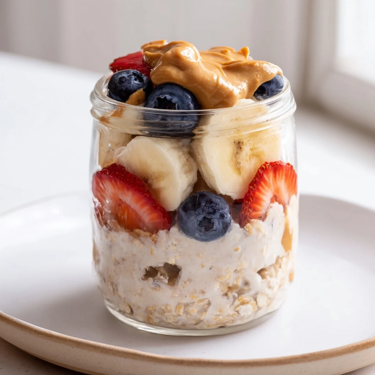 These Overnight Oats jars show a healthy breakfast featuring vibrant berries atop the oats.