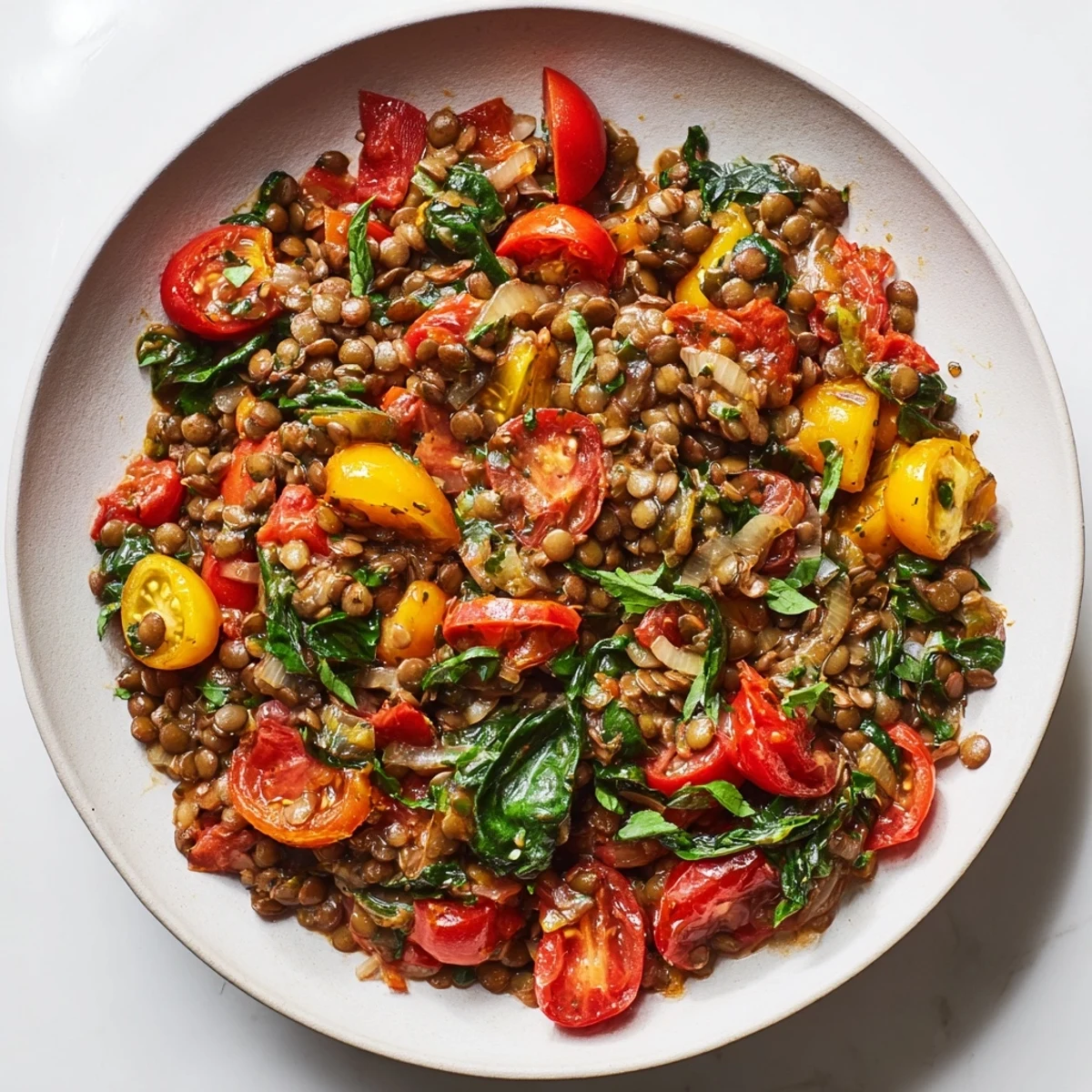 Golden-brown Lentil-Tomato Skillet: a delicious, one-pan meal with a rich tomato and herb sauce.
