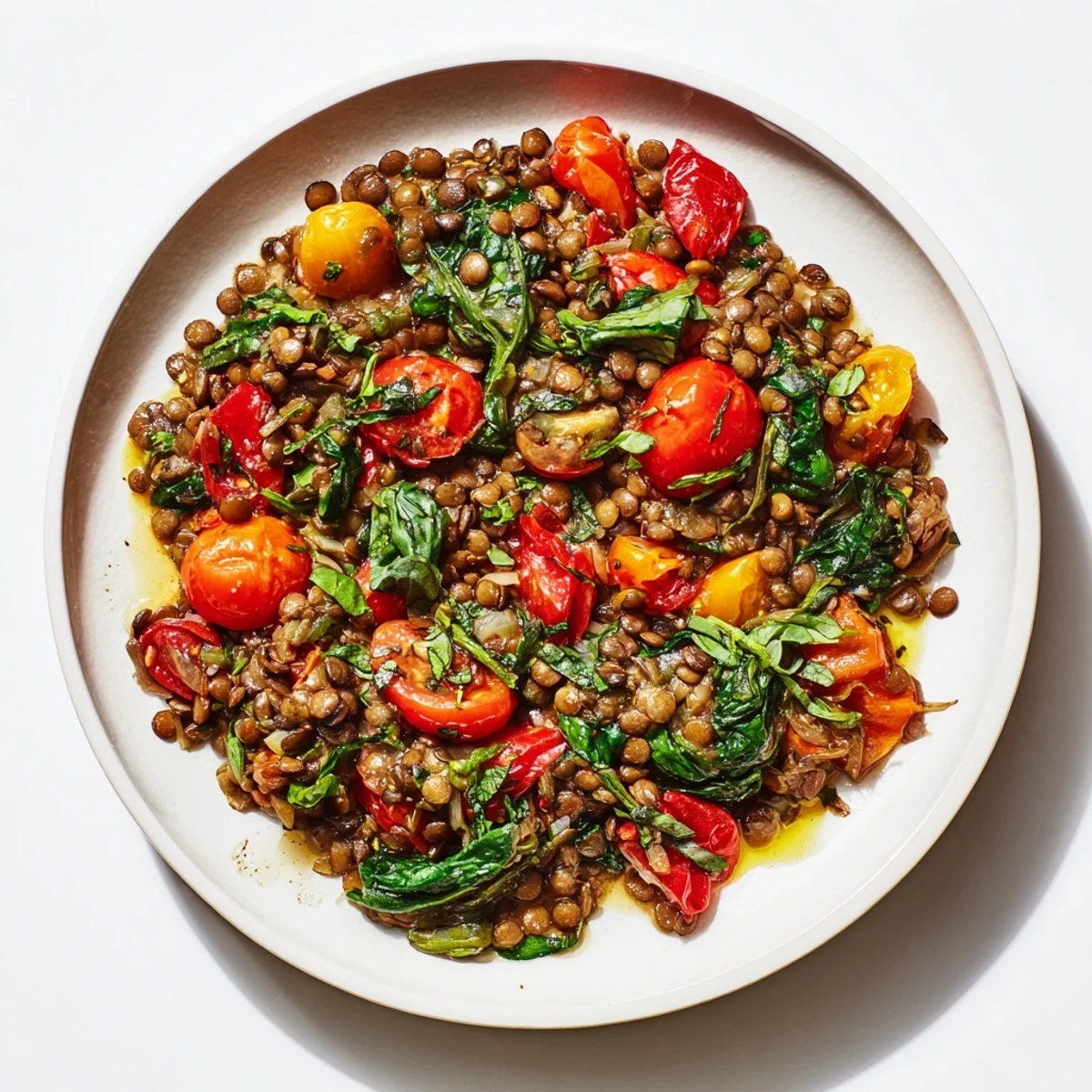 This hearty Lentil-Tomato Skillet features tender lentils simmered with fragrant spices and fresh basil.